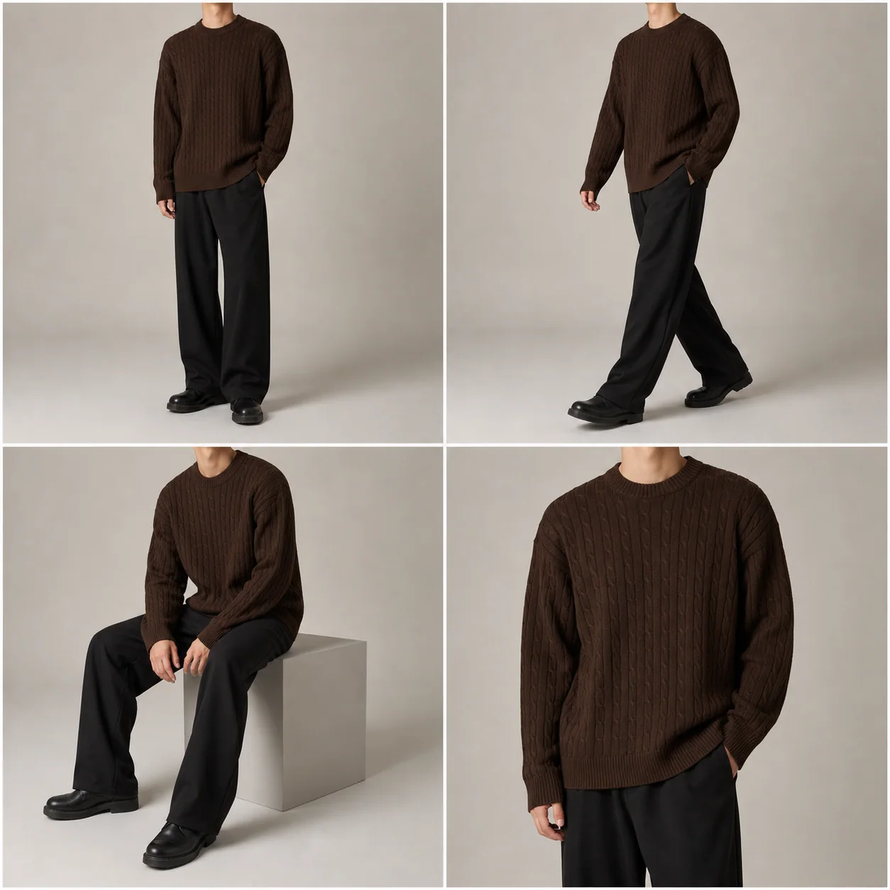 Four editorial scenarios for the Hanbyul cable knit, including walking, standing, seated, and close-up views