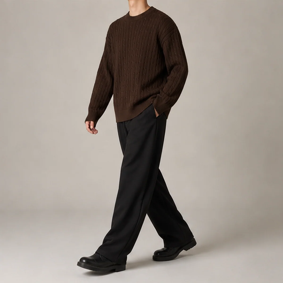 AI-assisted editorial study of the dark chocolate Hanbyul cable knit worn outdoors