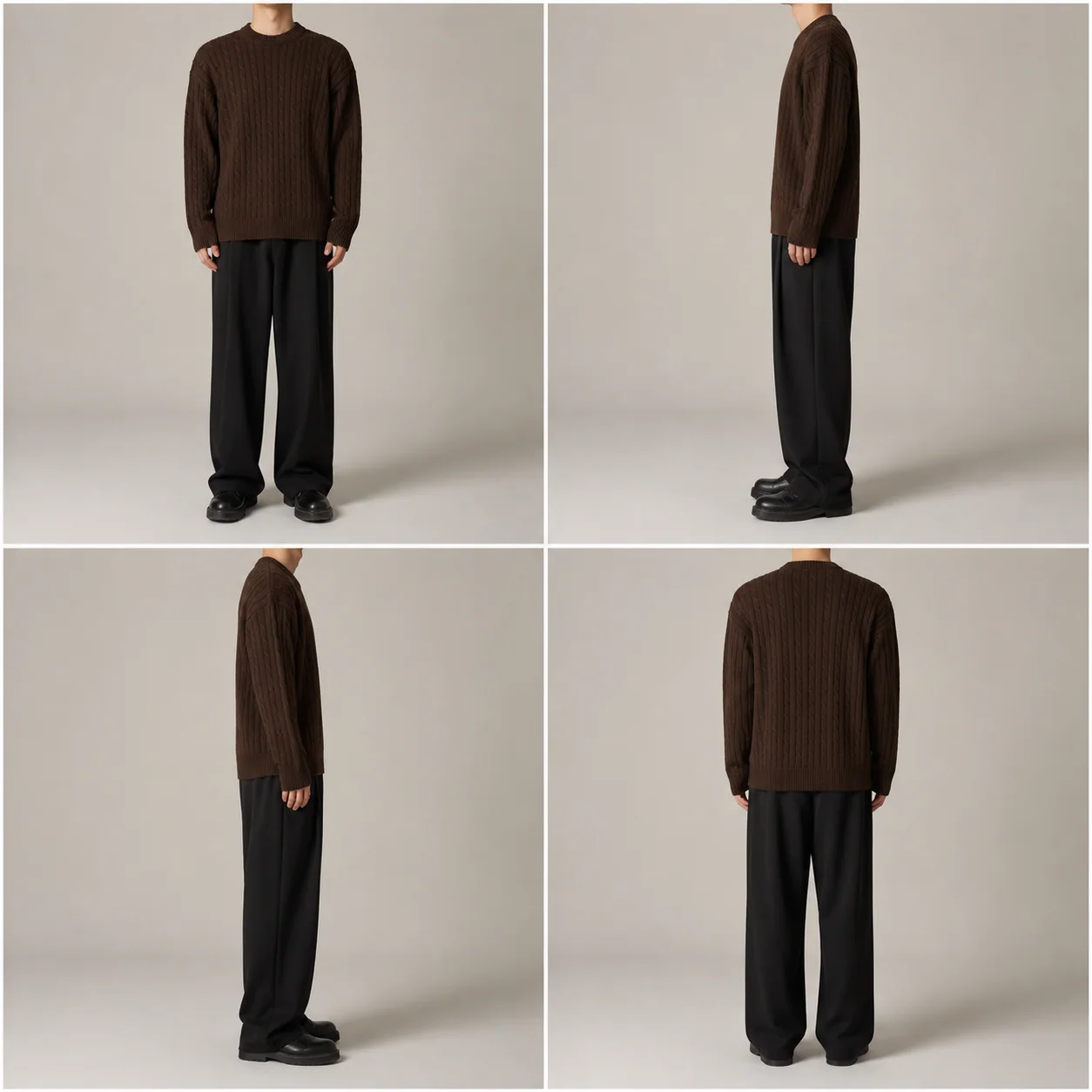 Four-view fit study showing the dark chocolate cable knit from front, both sides, and back