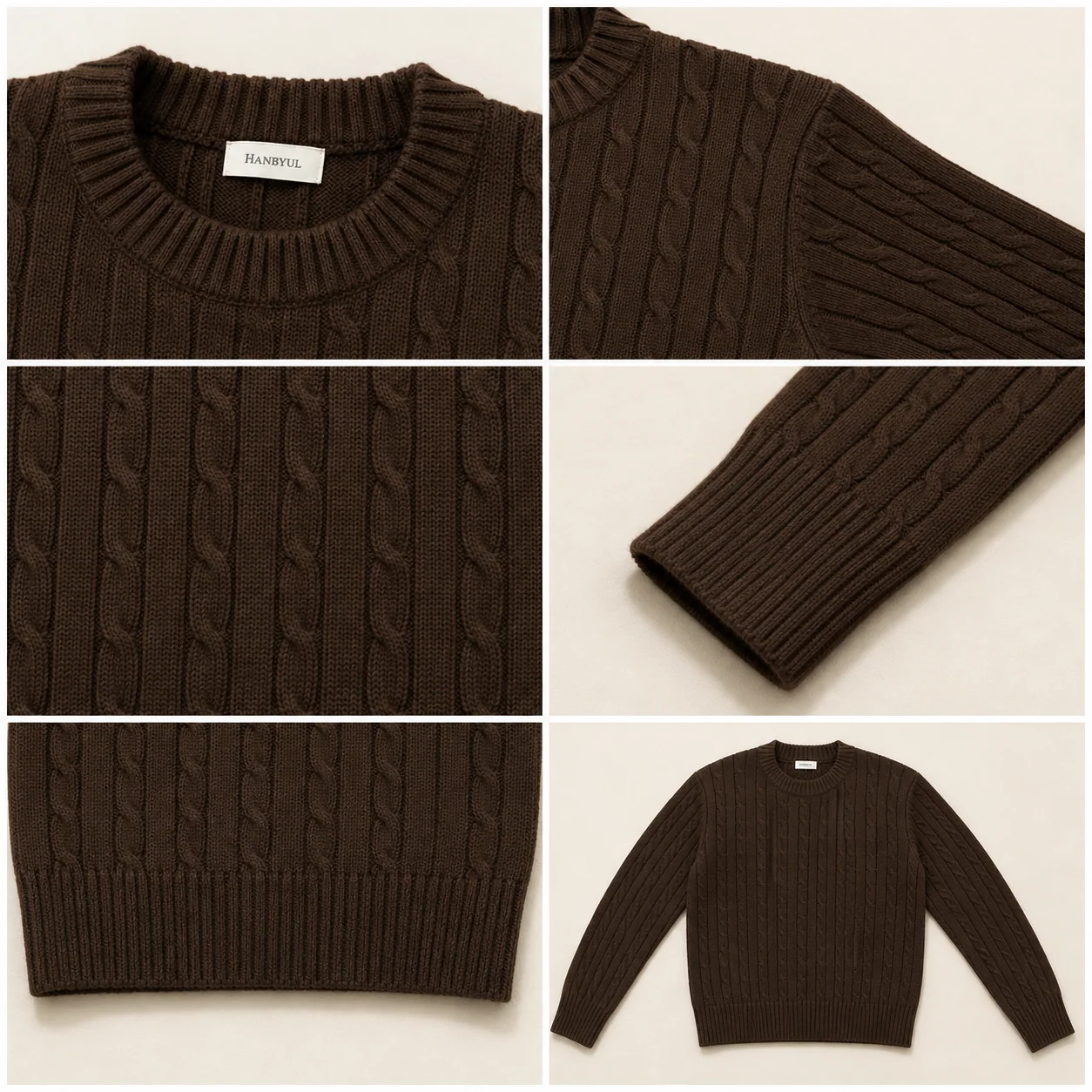 Six close-up studies of cable texture, neckline, shoulder, cuff, and hem construction