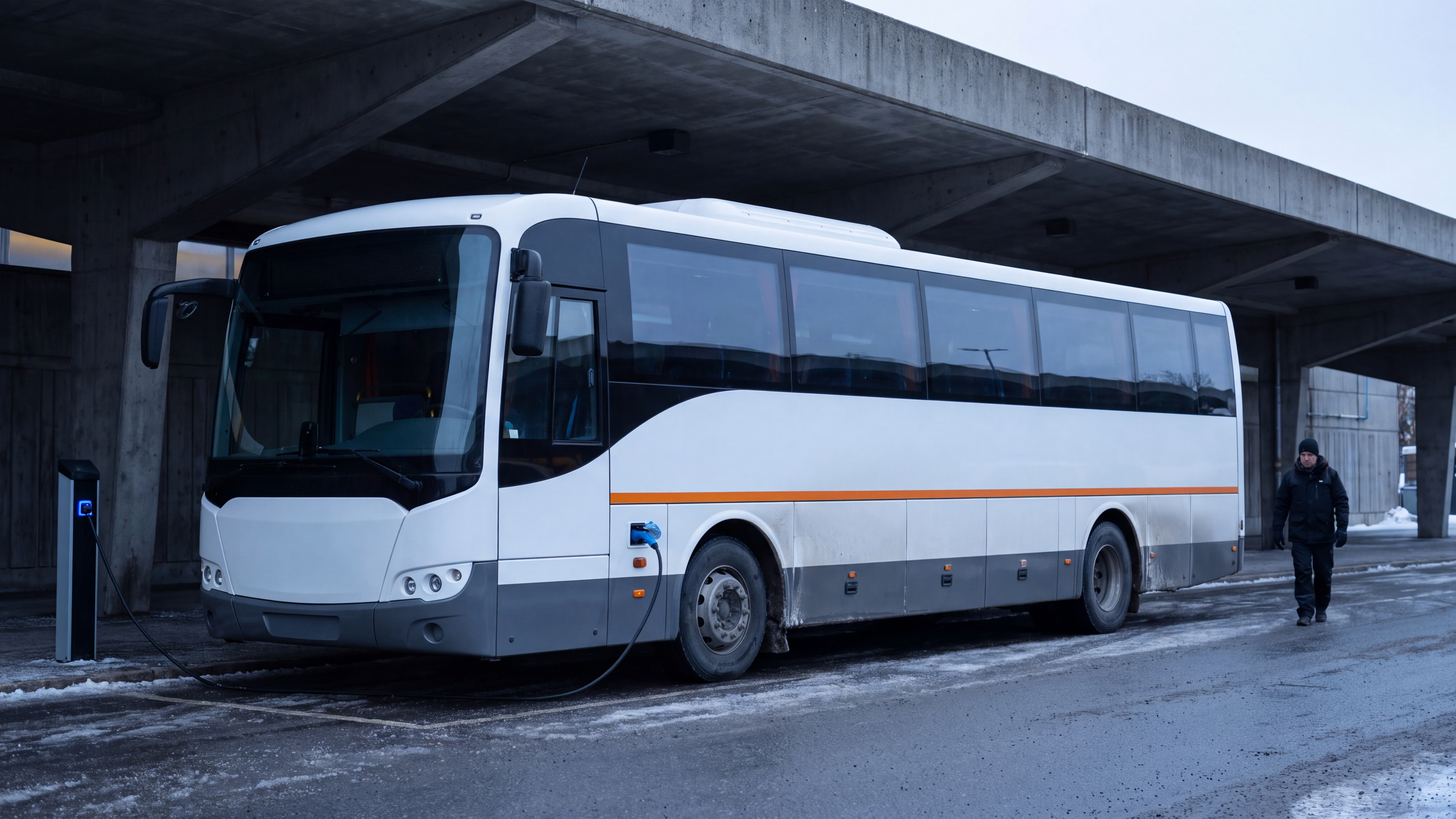 Electric regional coach waiting beneath an orange route line at a concrete terminal.