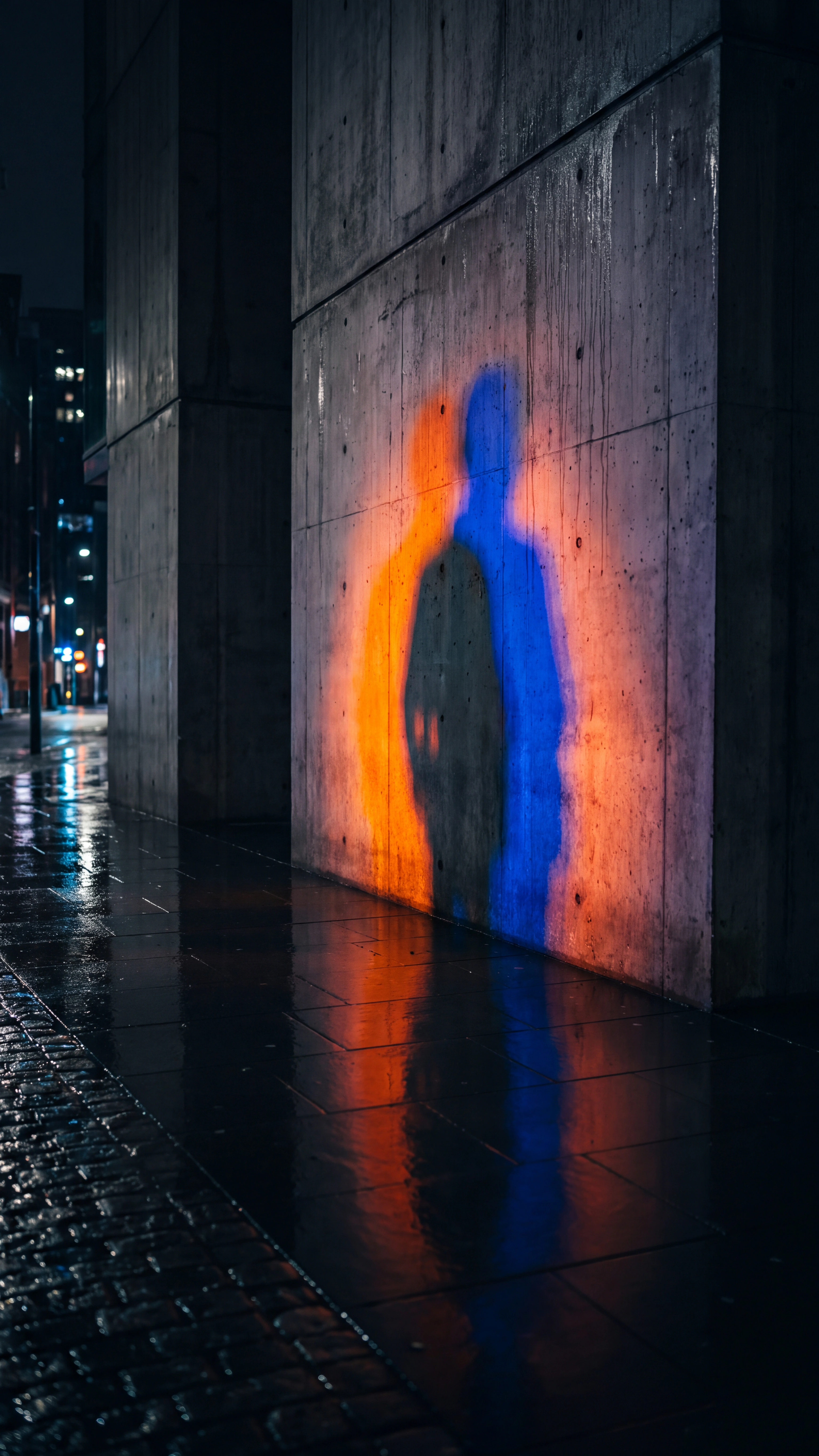 Repeated shadows wash across an urban wall after dark.