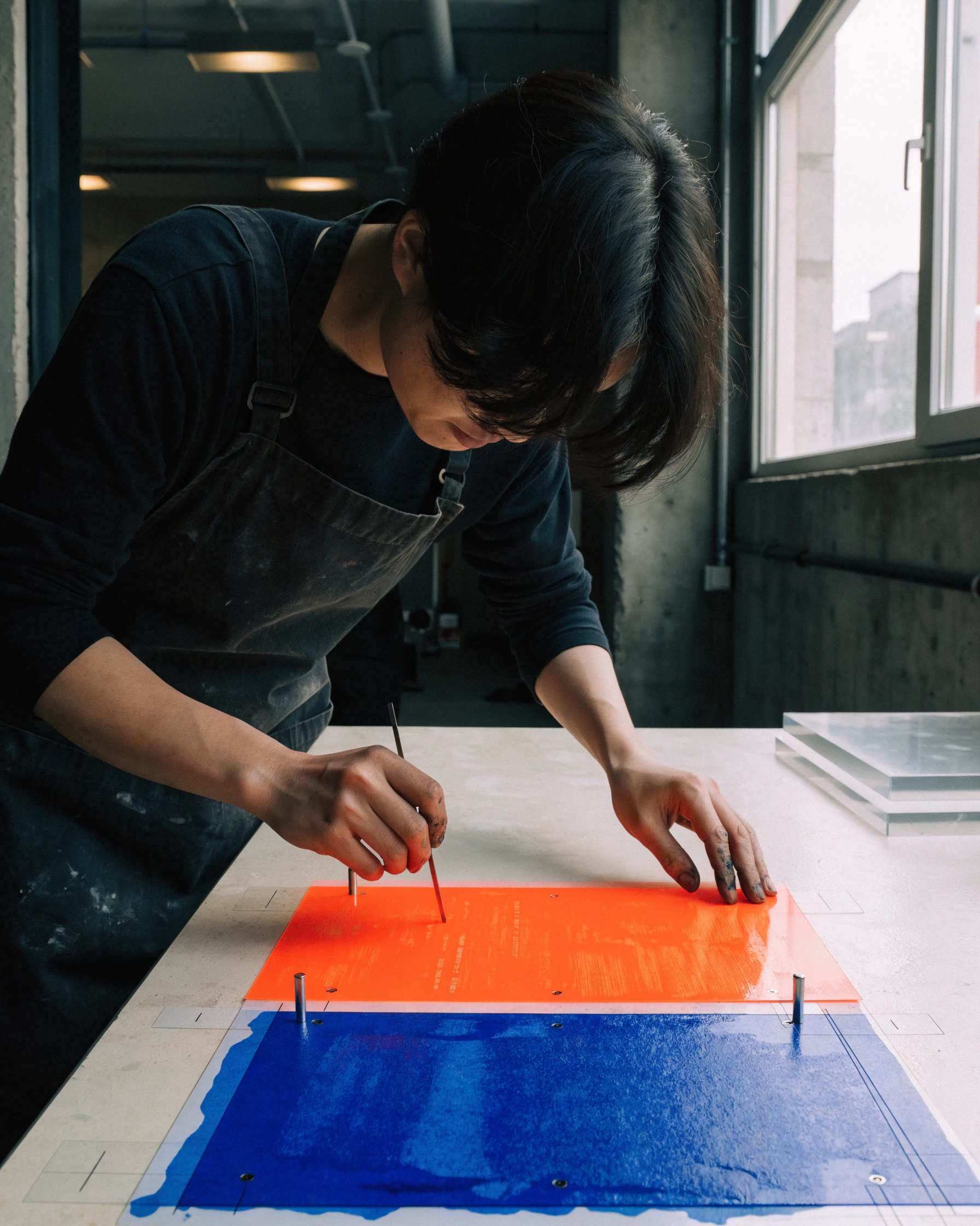 A printer aligns the orange plate while the cobalt pass dries beside it.