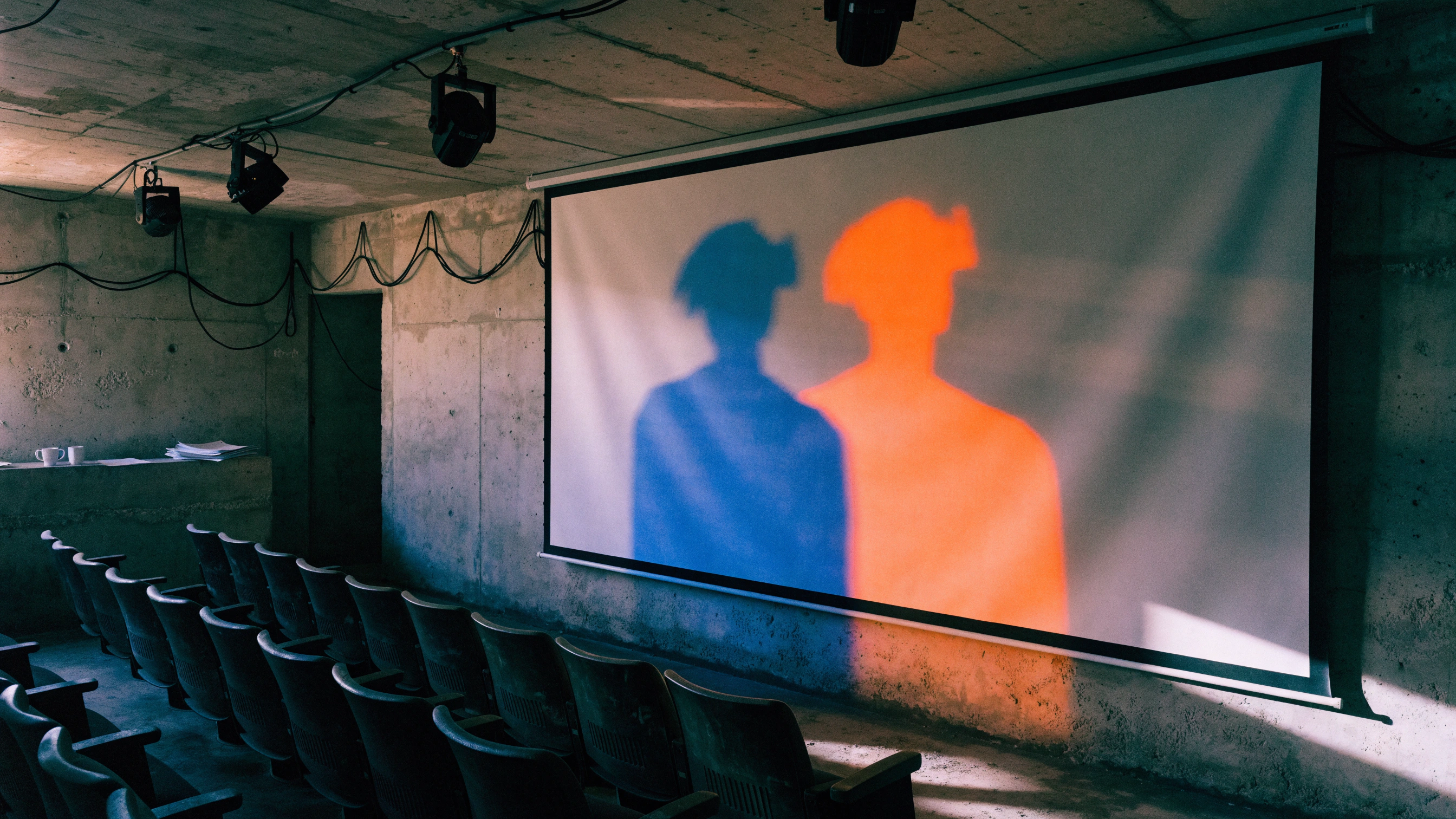 An empty cinema holds the final cobalt and orange reflection after the crowd leaves.