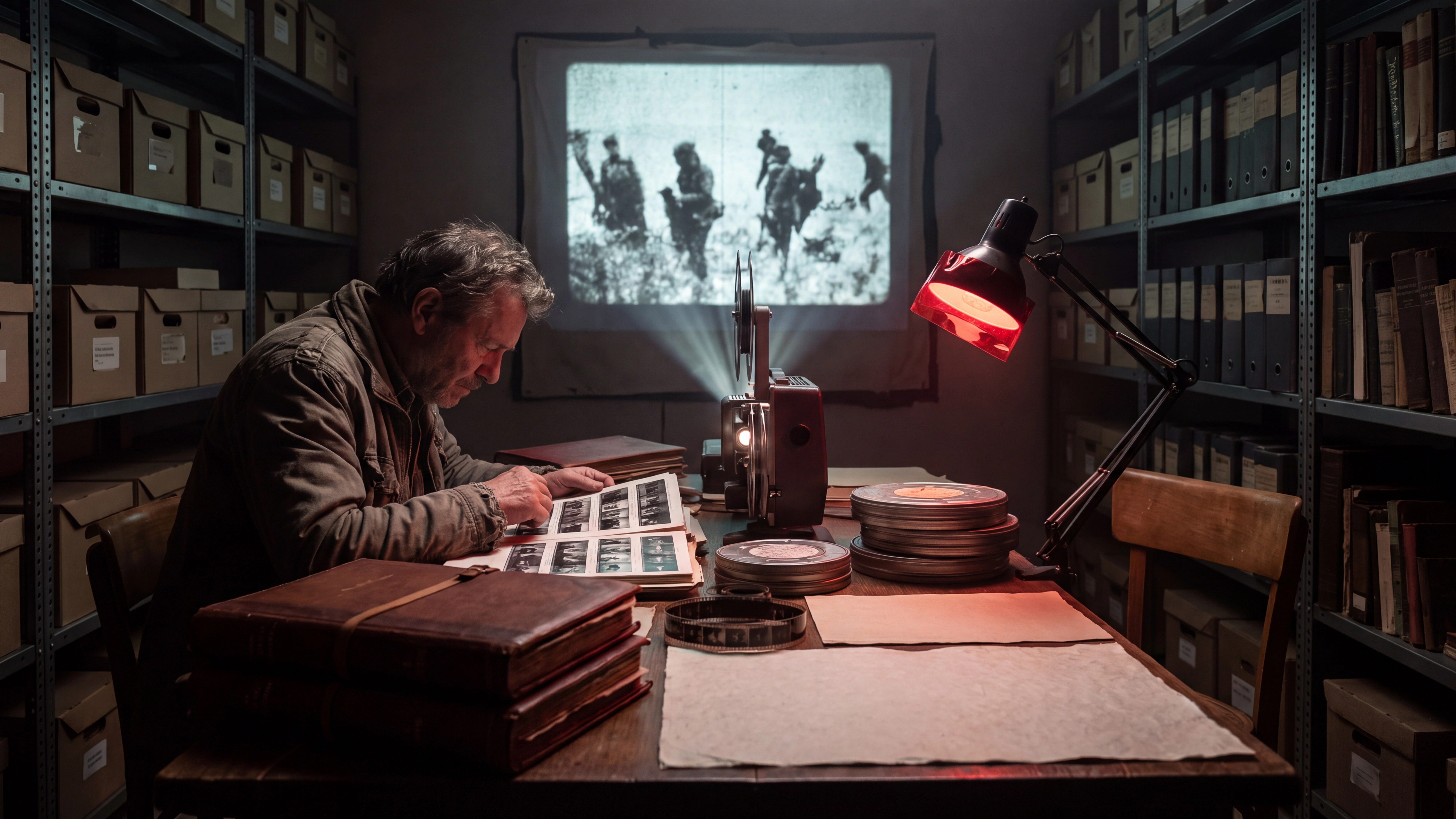 Documentary editor reviewing evidence and source material in a film archive.
