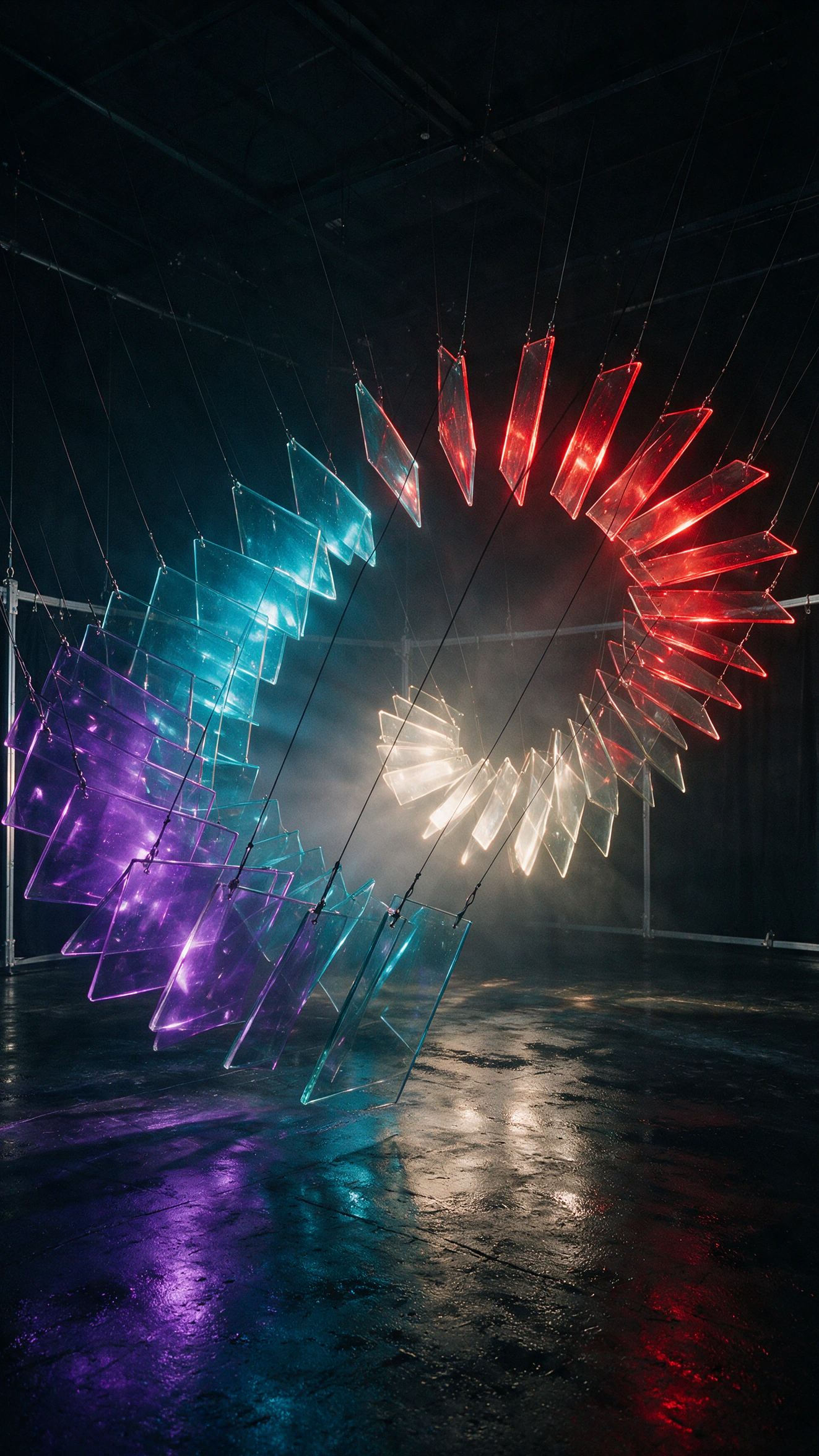 Suspended resonator plates form a luminous spiral above the performance floor.