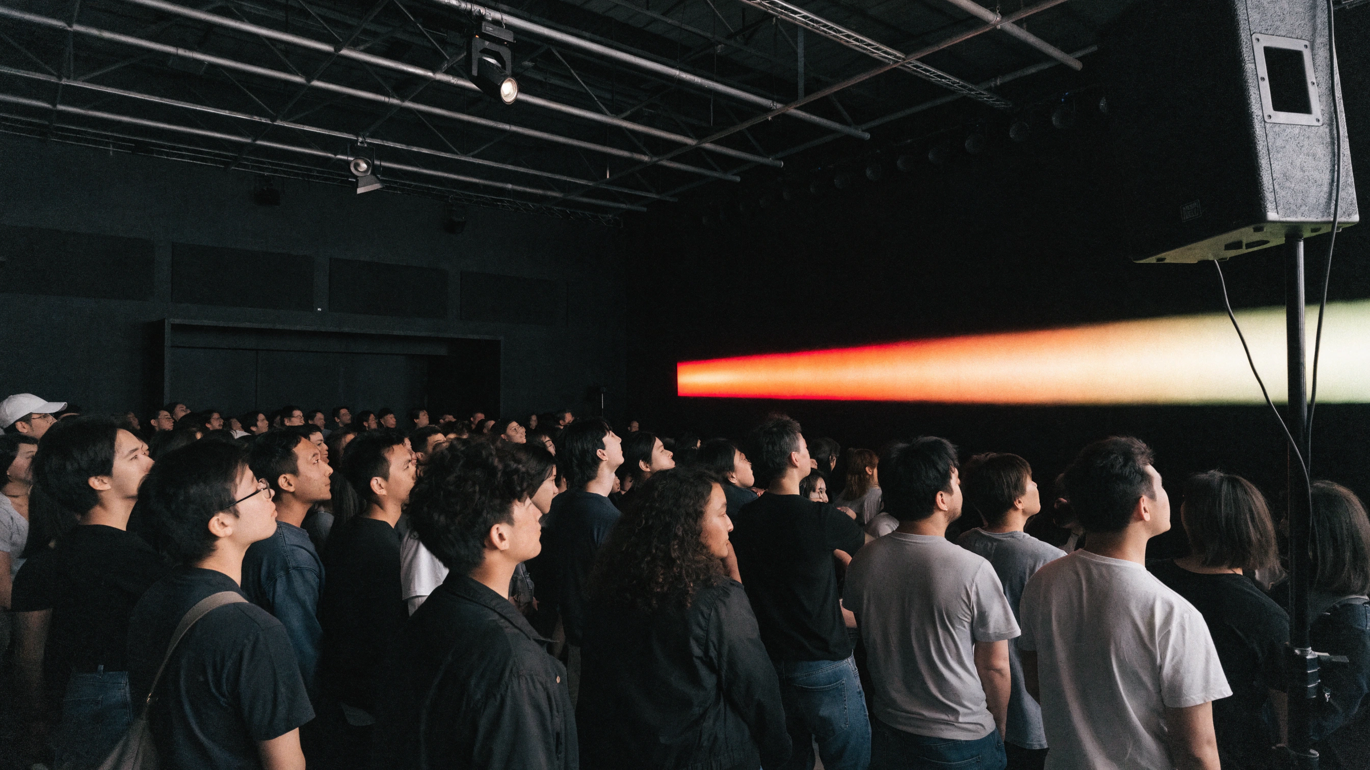 Audience silhouettes face a stage reduced to the final dominant colour band.