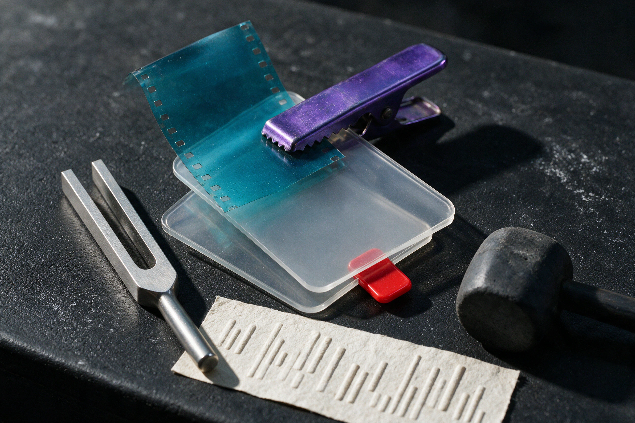 A die-cut pass, spectrogram film, and tuning fork sit on score stock.
