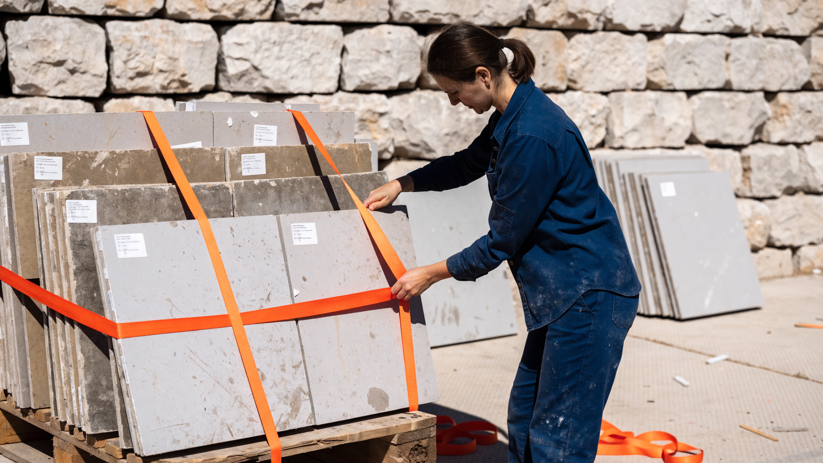 Removed tiles are inspected and strapped to a labelled return pallet.