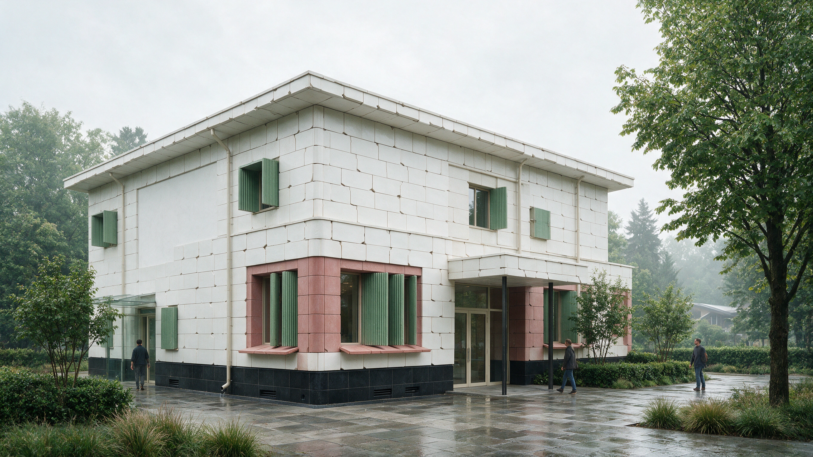 Demountable mineral tiles cover an occupied contemporary civic facade.