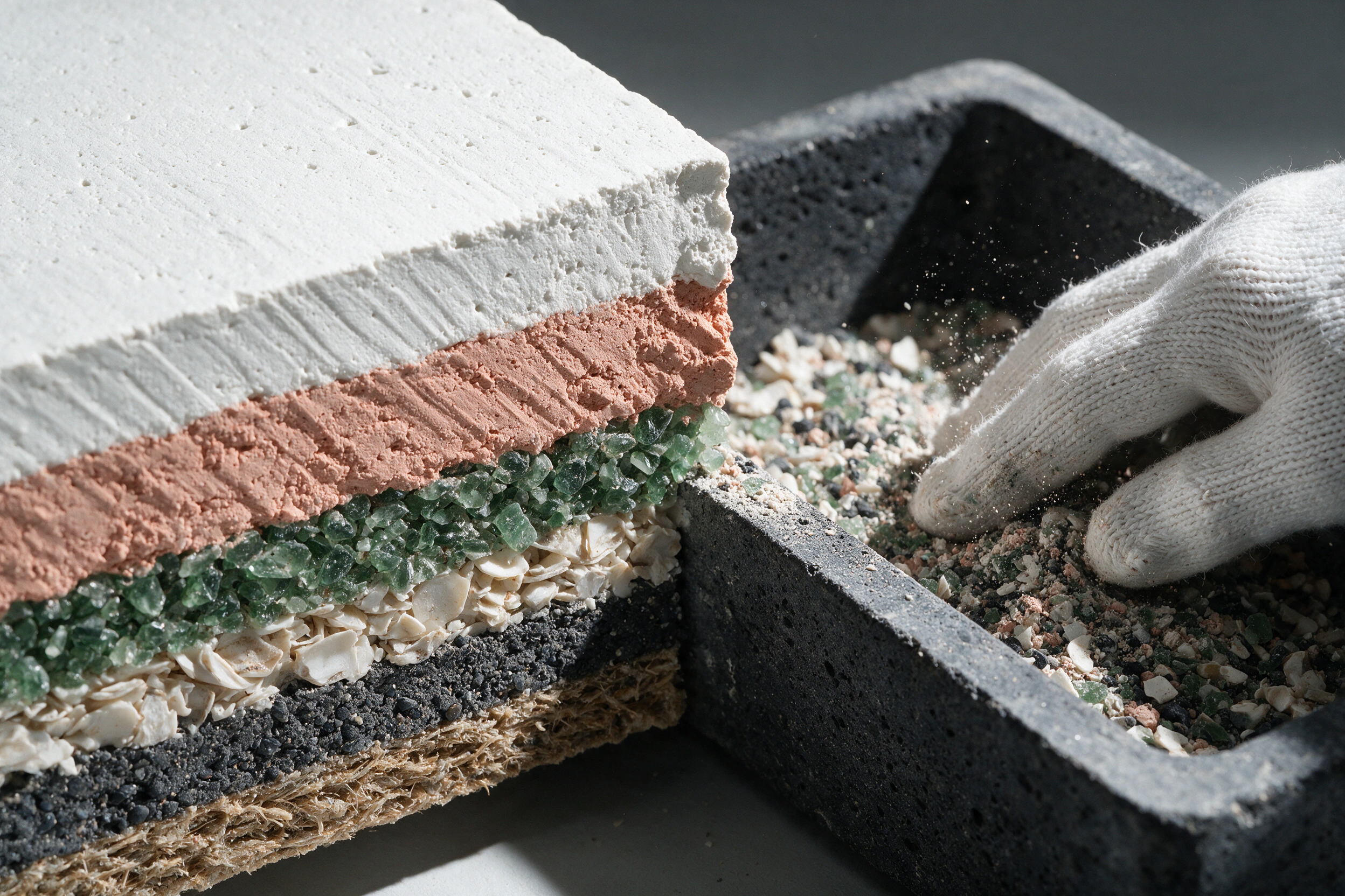Compressed mineral tile revealing aggregate, fibre, and cool matte surface detail.