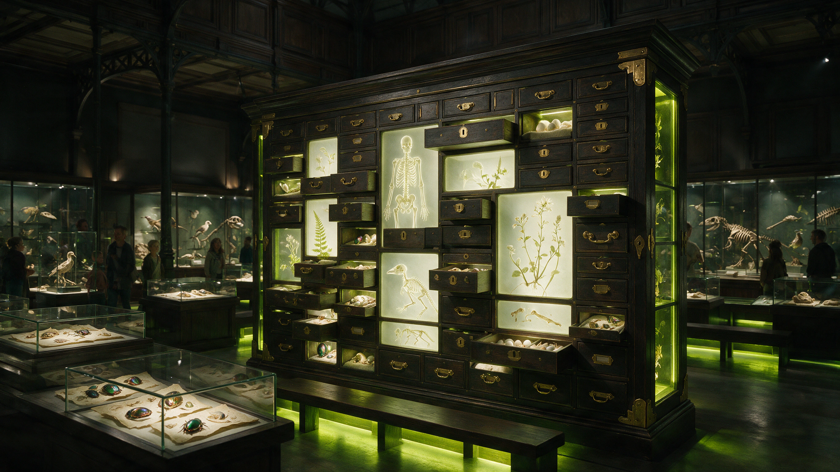 A luminous cabinet presents identified specimens beside deliberately vacant cells.