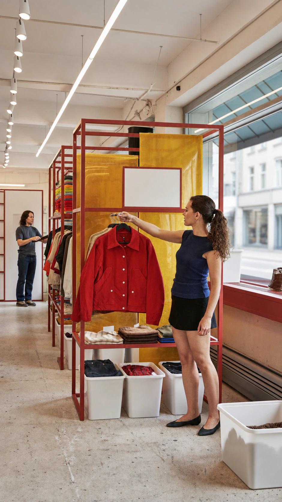 A shopper lifts a red jacket from a rail in a bright store with red frames and yellow fabric panels.