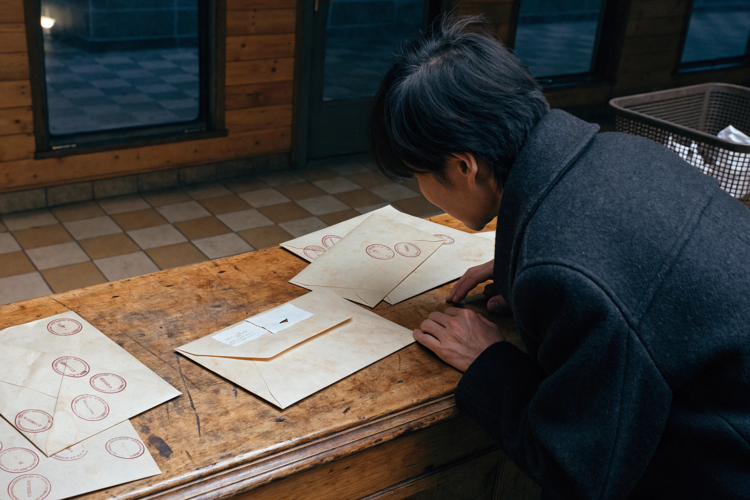 Cancelled marks, a torn label, and one blind fold cross the original envelope.
