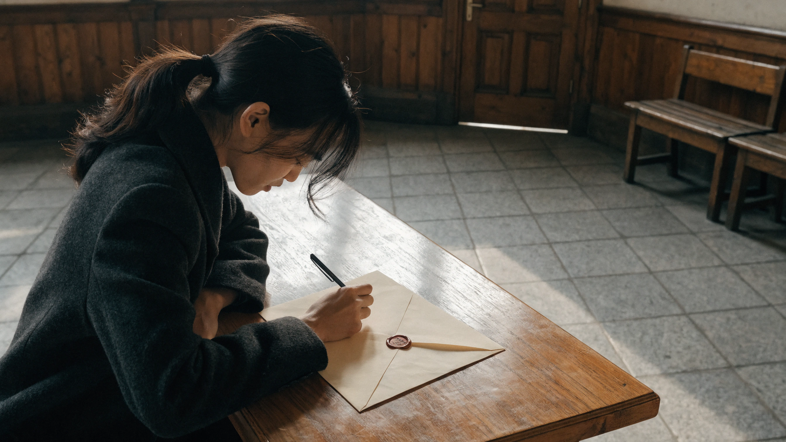 Daylight reaches the same sealed letter on a quiet table.