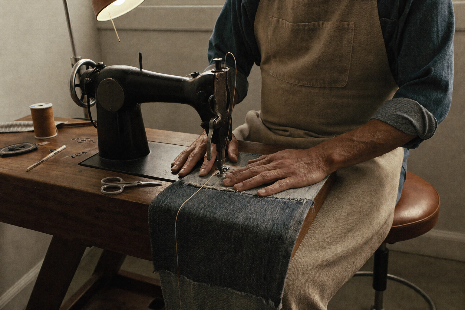 Hands guide layered dark denim beneath a black sewing machine beside thread and scissors.