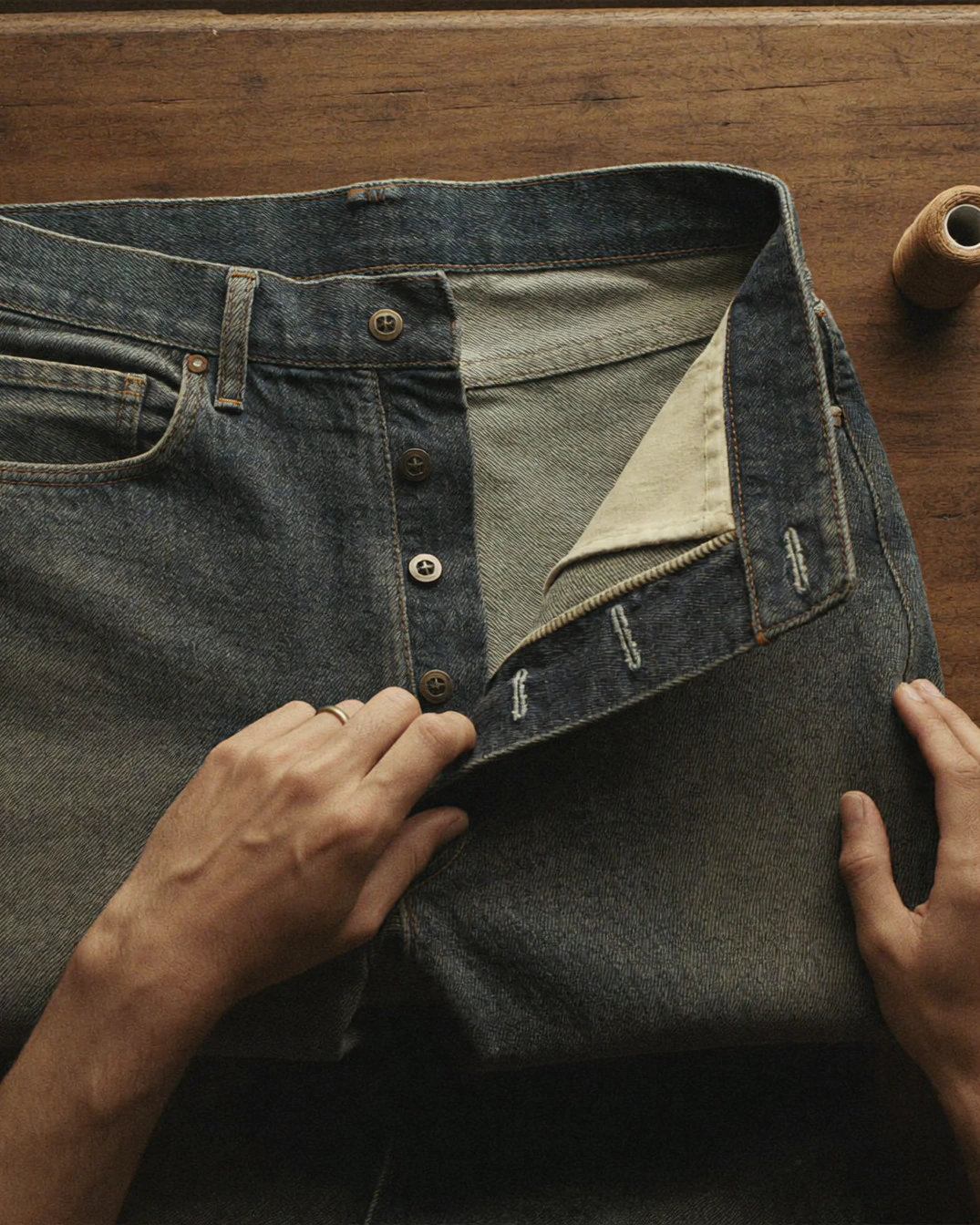 Two hands open the button fly of laid-flat jeans beside thread, scissors, and a wooden tool.