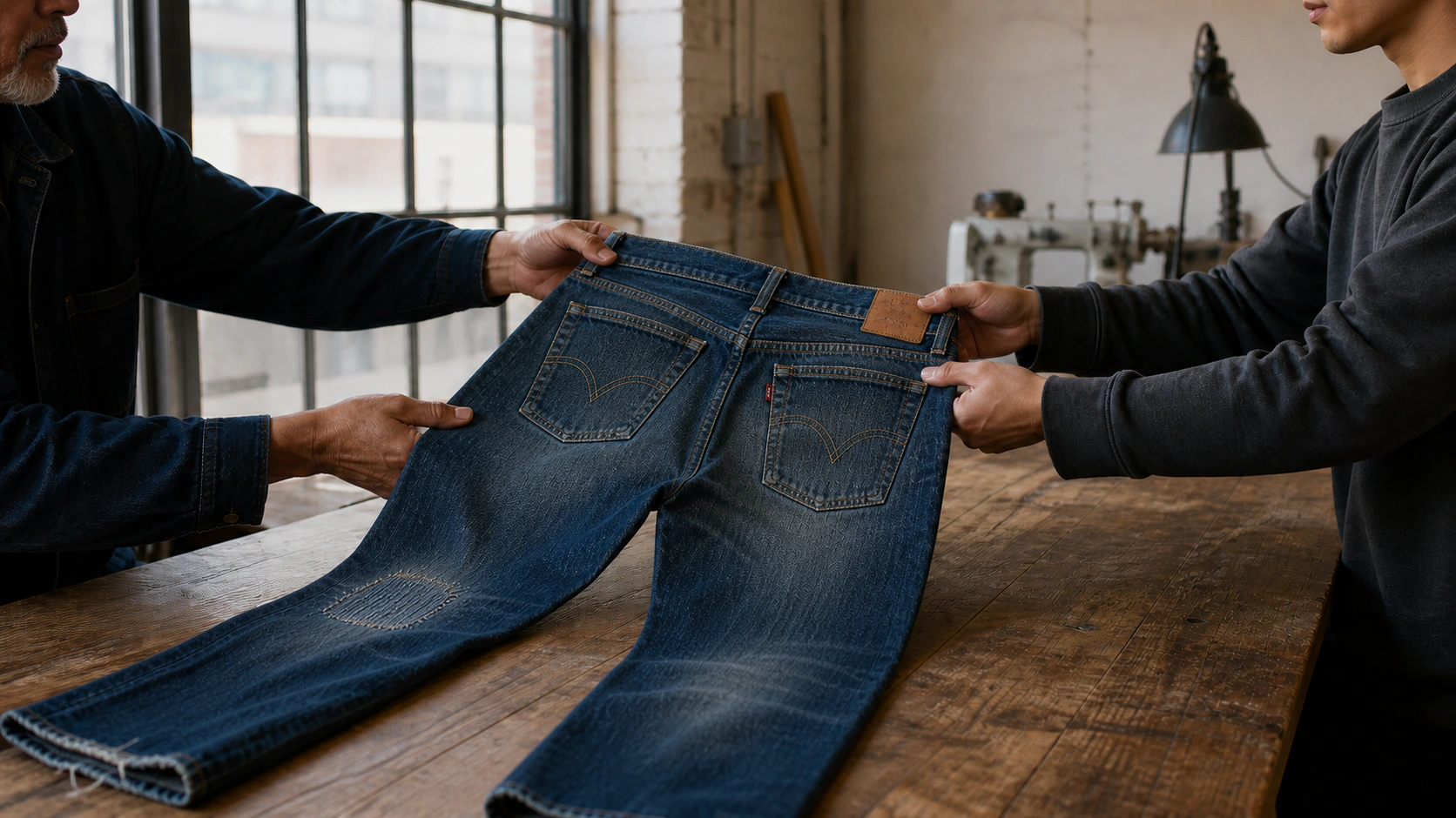 Two people hold out the back of worn blue jeans across a wooden workbench, showing back pockets, a waistband patch and a small red tab.
