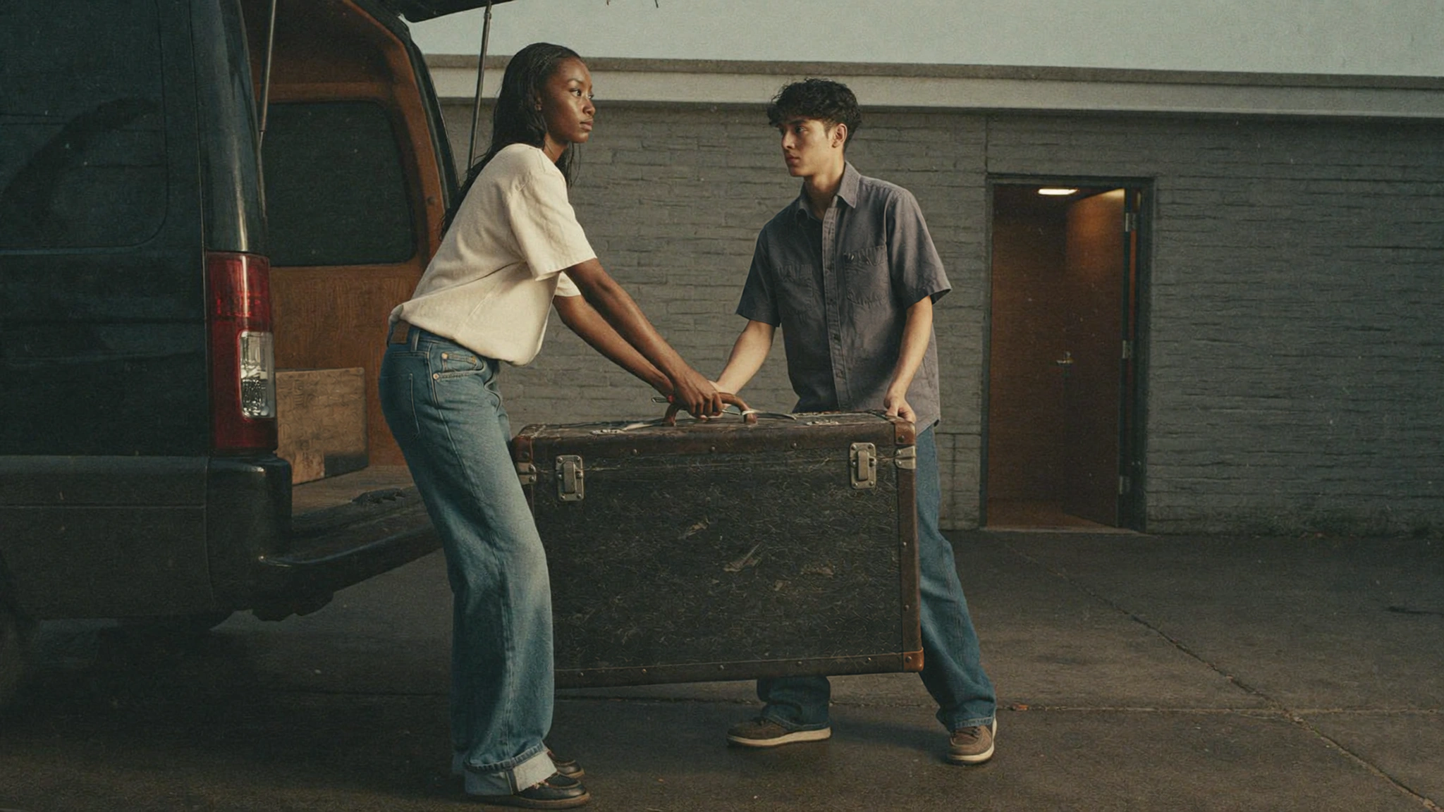 A woman and a man in jeans lift a worn black trunk beside the open rear of a dark van.