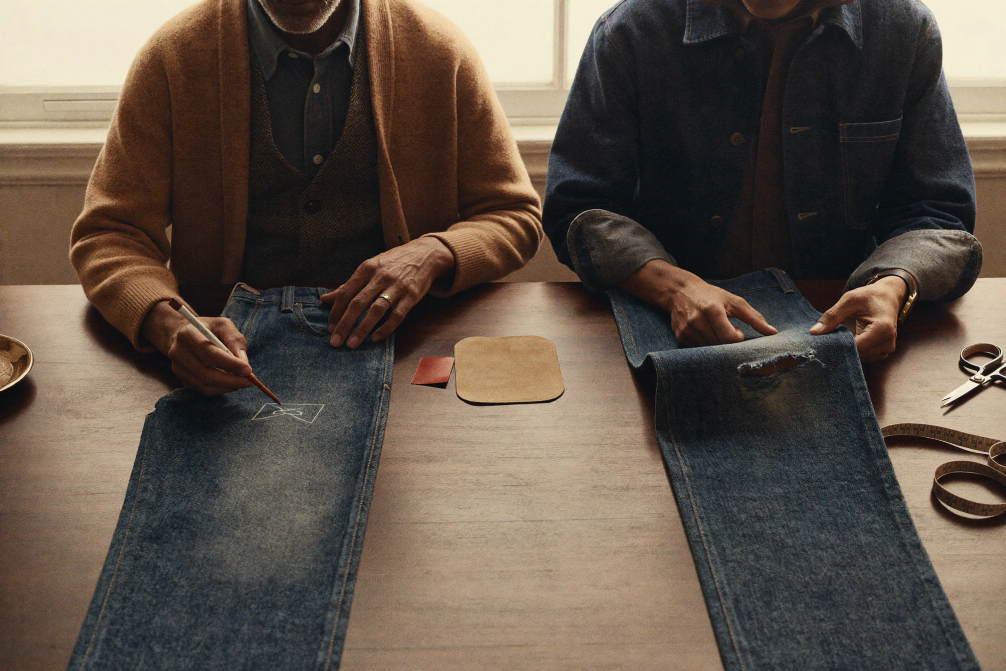 Two seated people mark and inspect worn denim legs on a wooden table with patch material, scissors, and a tape measure.