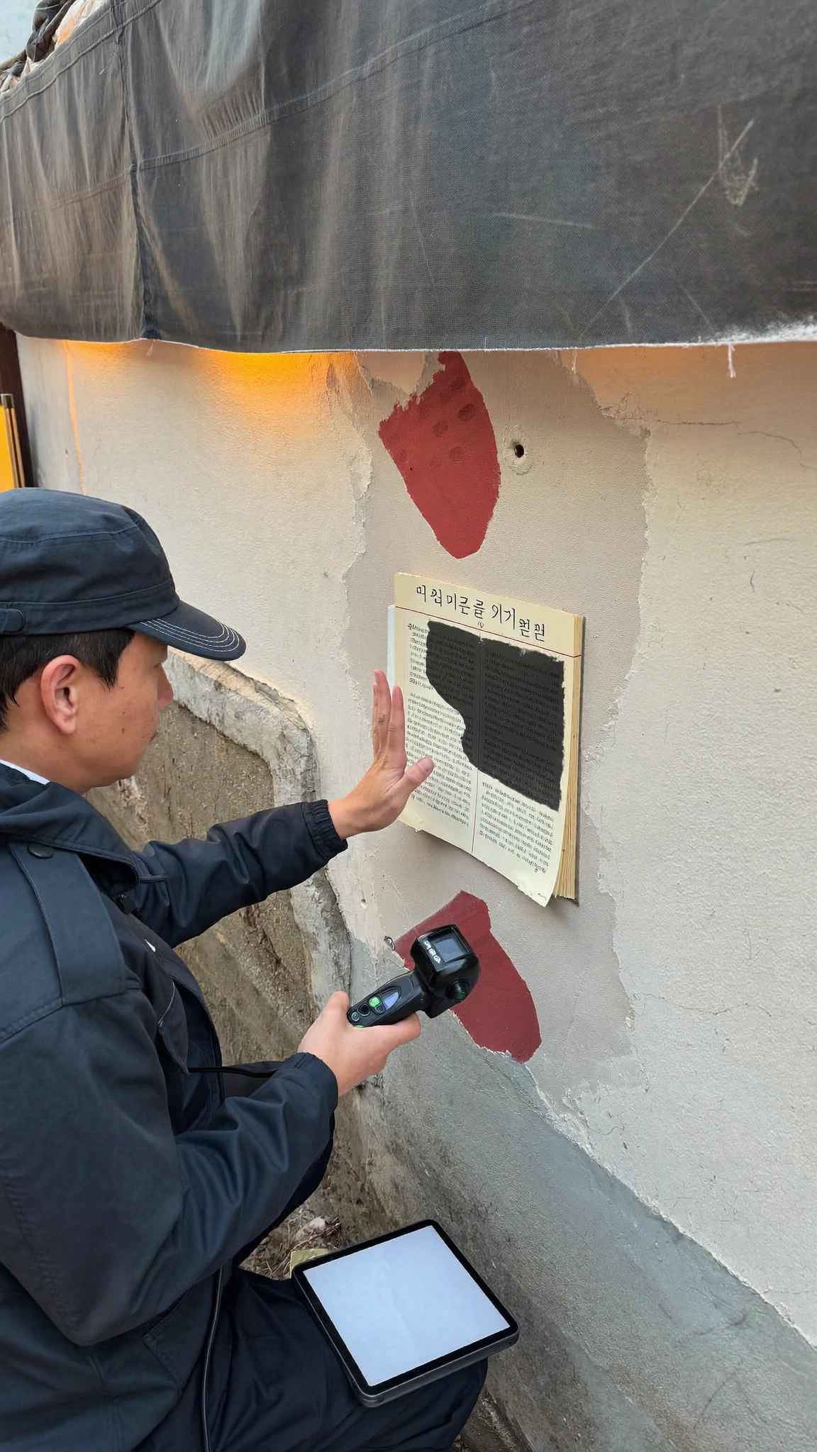Archivist scanning hand-painted surfaces in a narrow Korean neighbourhood alley.