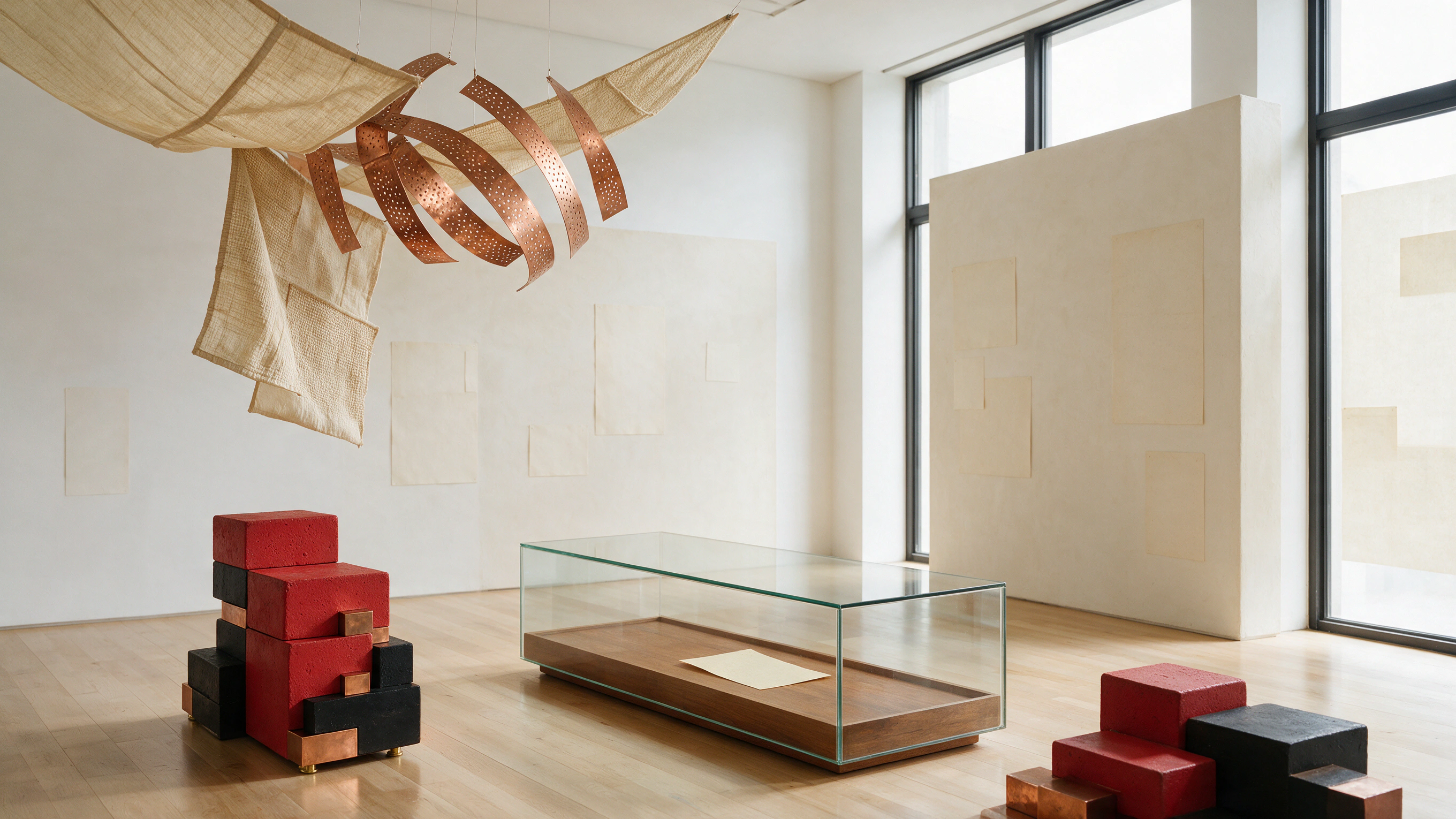 Original signs and reconstructed characters face one another in a quiet community room.