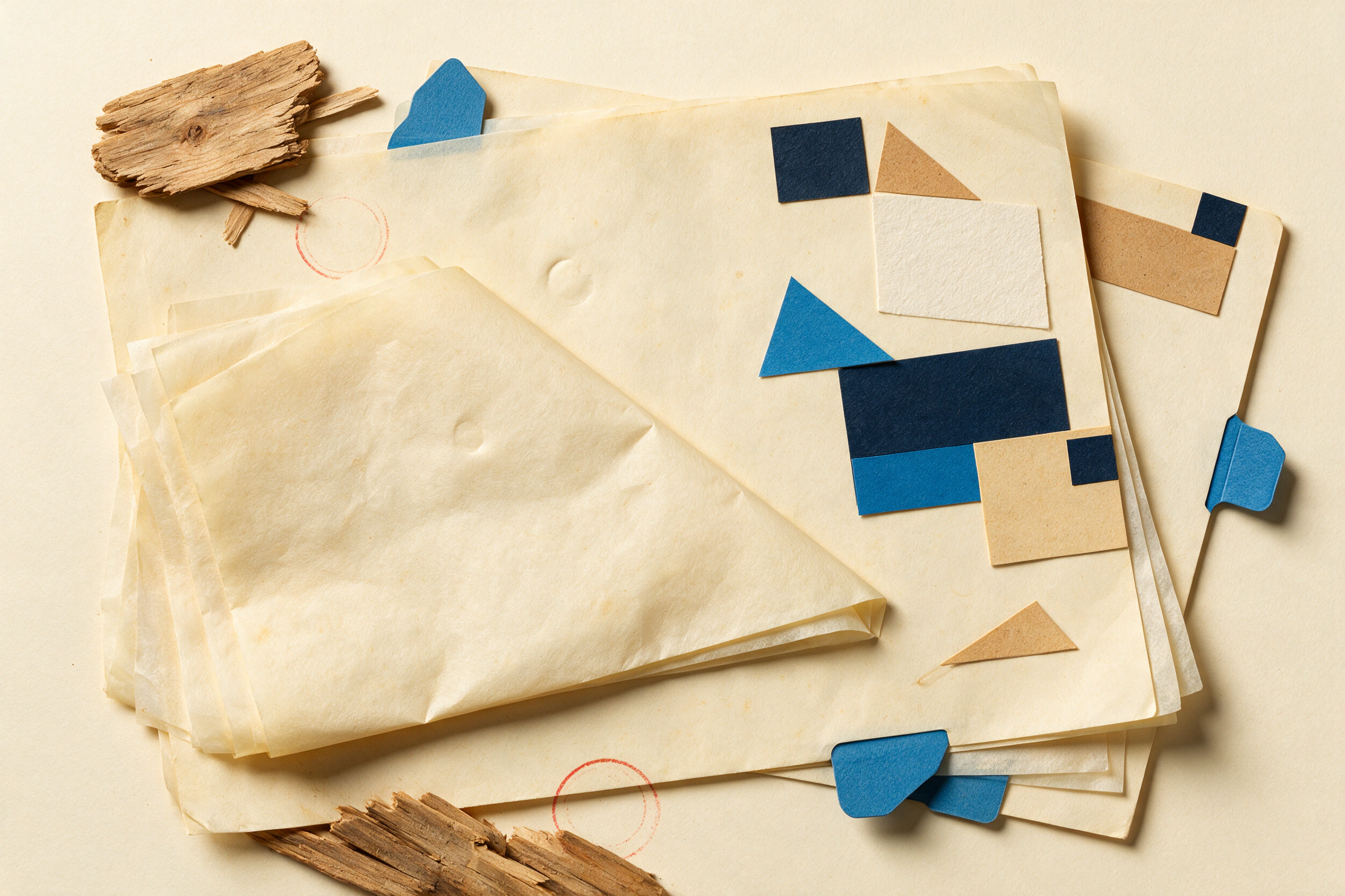 Carbon copies, weathered wood, paper blocks, and vermilion stamp ink share one table.