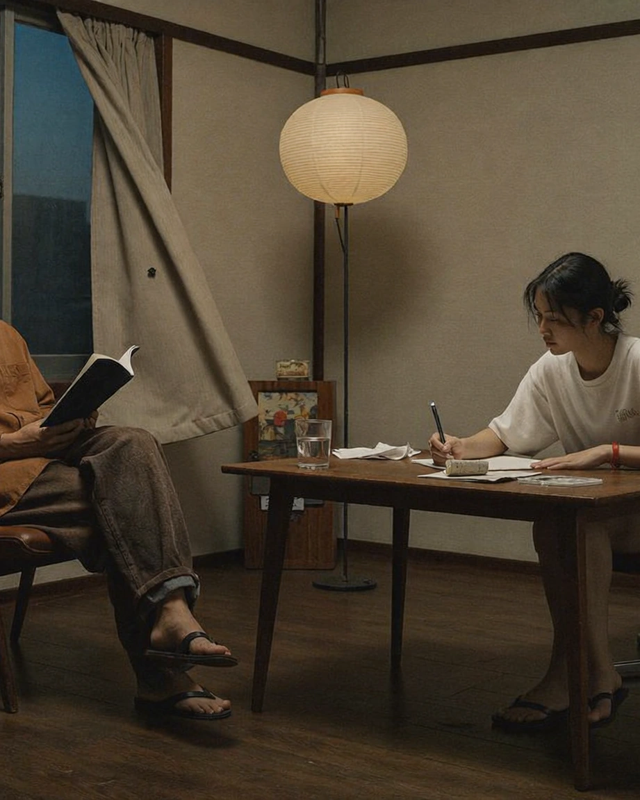 A man reads in an armchair while a woman writes at a dining table beneath a round paper lamp.
