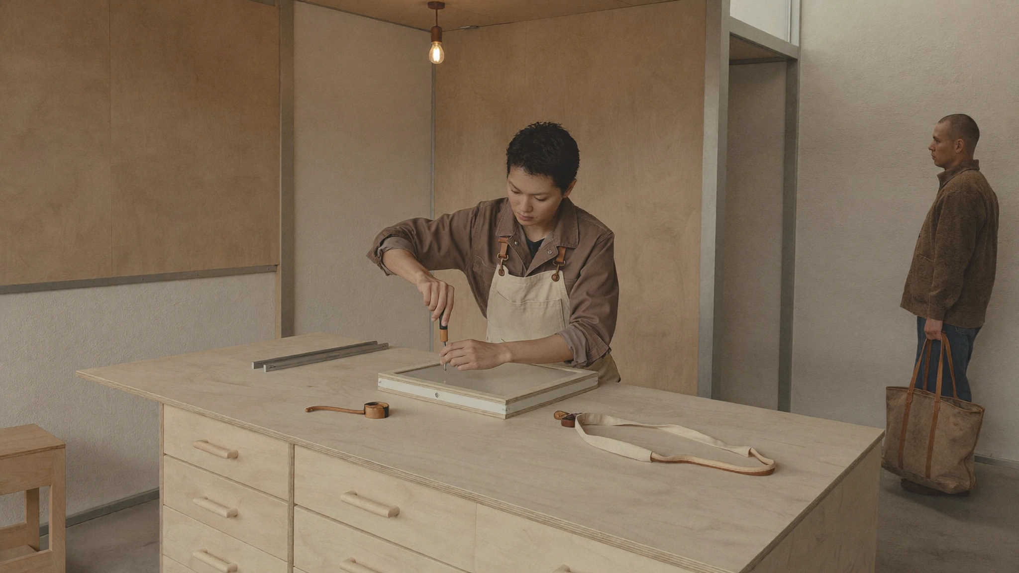An apron-wearing person uses a screwdriver on a small wooden frame atop a pale drawer counter, while another person waits by the wall.