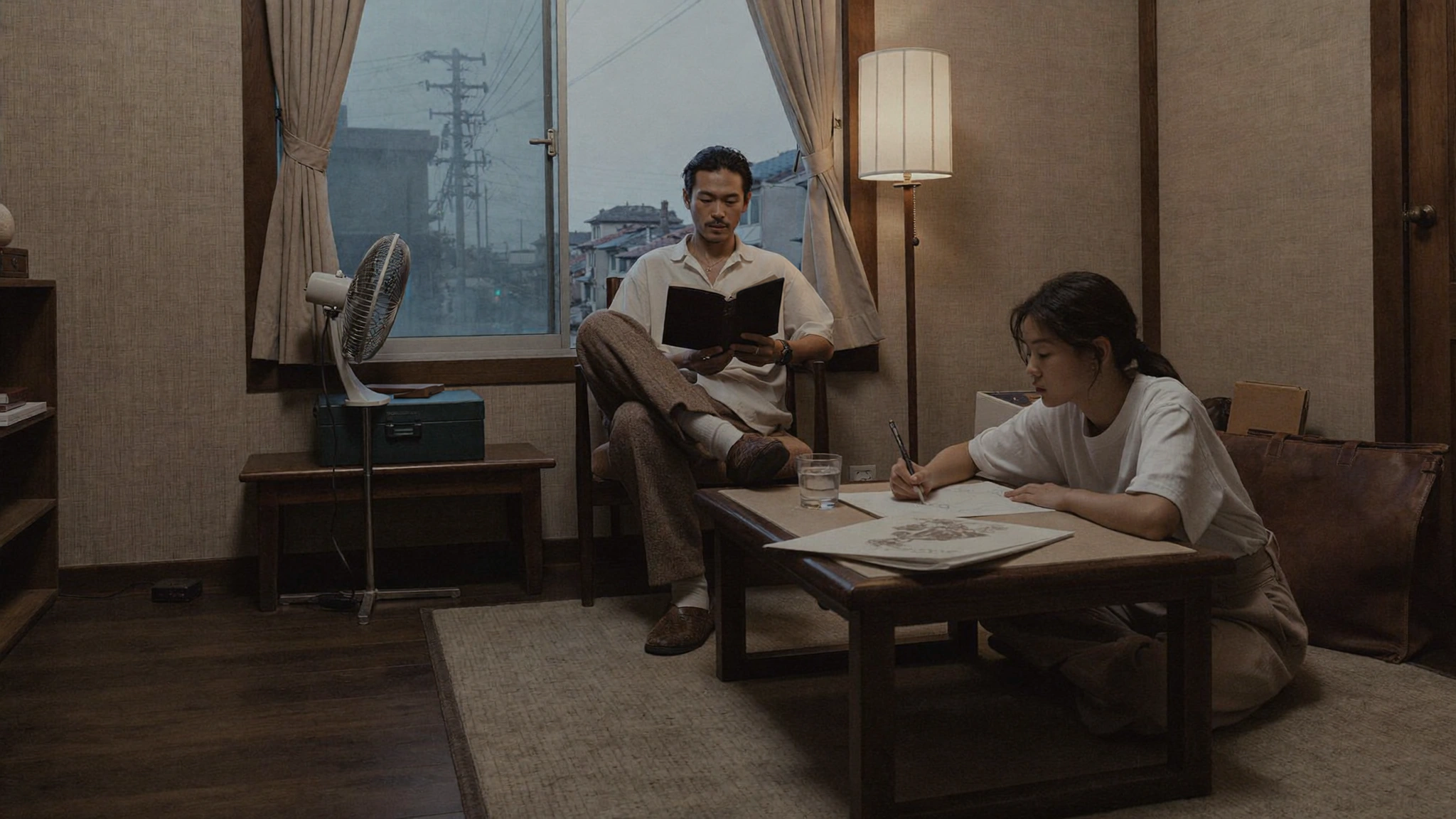 A man reads in an armchair while a woman writes at a low table in a compact living room at dusk.