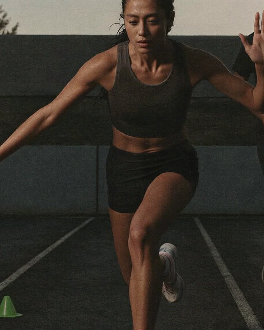 An athlete in dark training clothes drives one knee forward through a marked indoor drill lane.