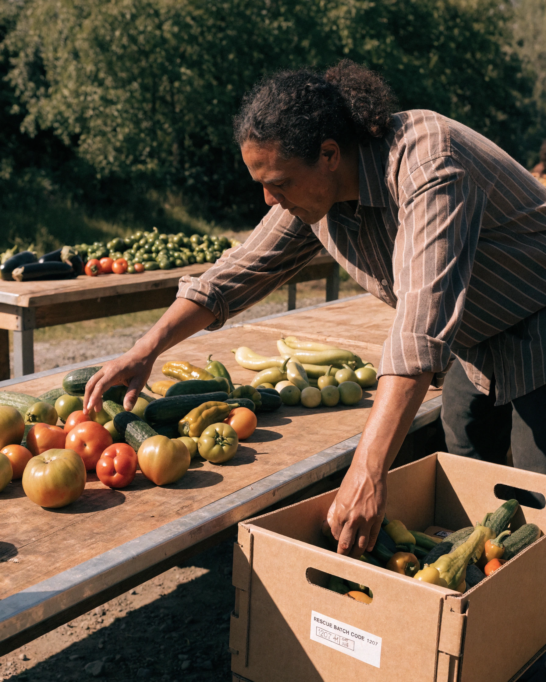 A farm worker gathers crooked vegetables into a clearly dated field crate.