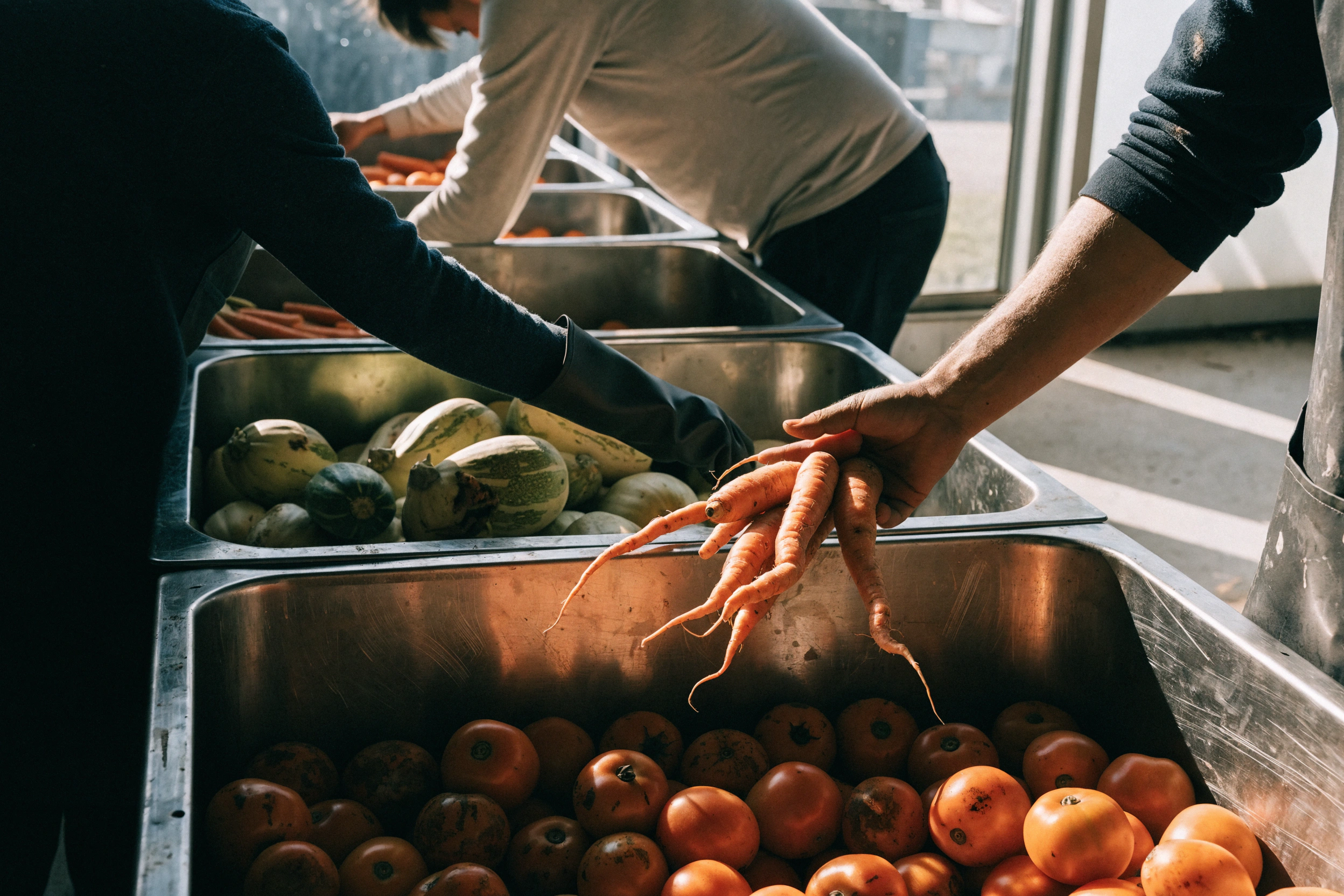 Produce is separated by use route rather than cosmetic grade on a working line.
