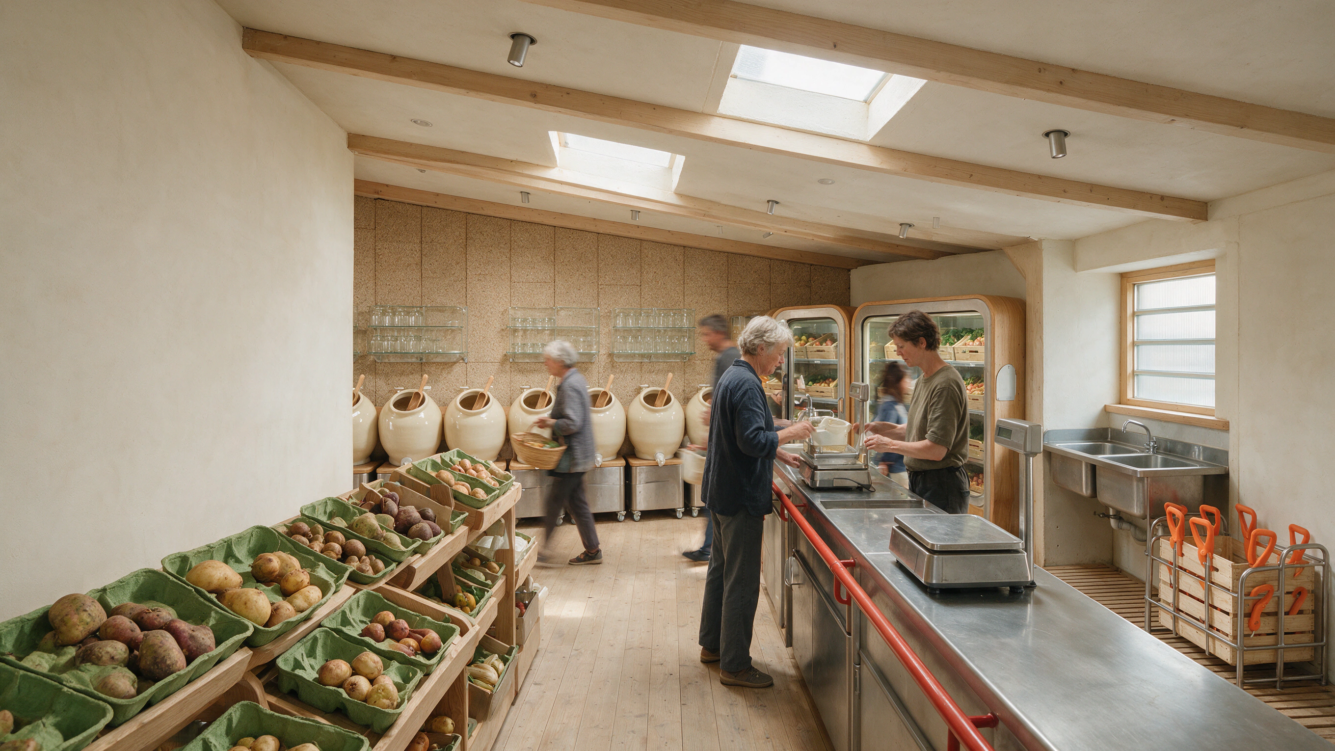 Open crates and refill vessels organise a warm pantry by source and process.