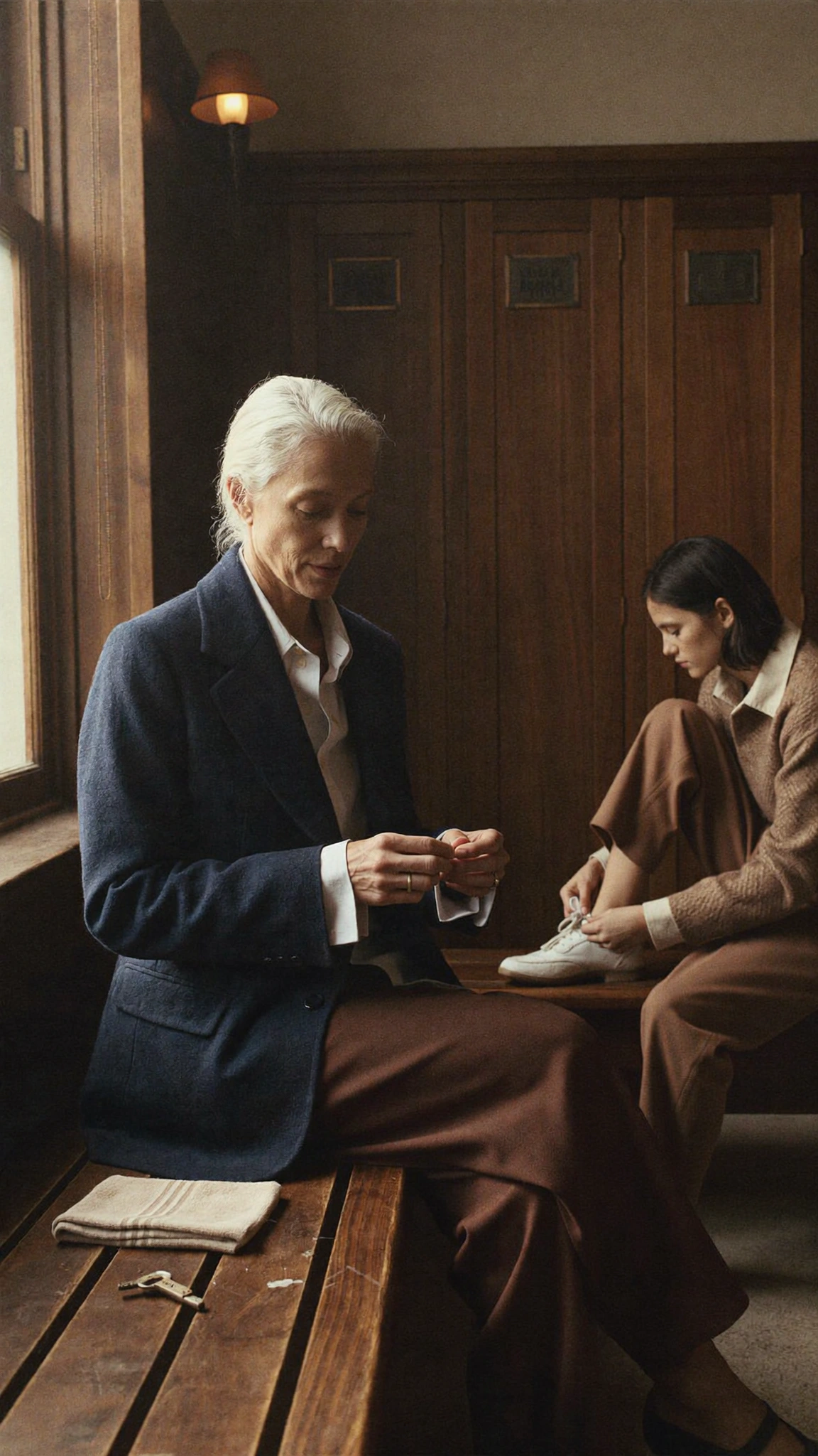 A white-haired person sits beside a window and examines a small item while a younger person ties a white shoe nearby.
