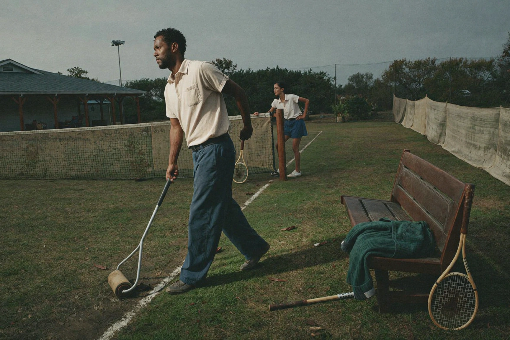 A man pulls a metal line roller across a worn grass court while a bench and two players sit behind him.