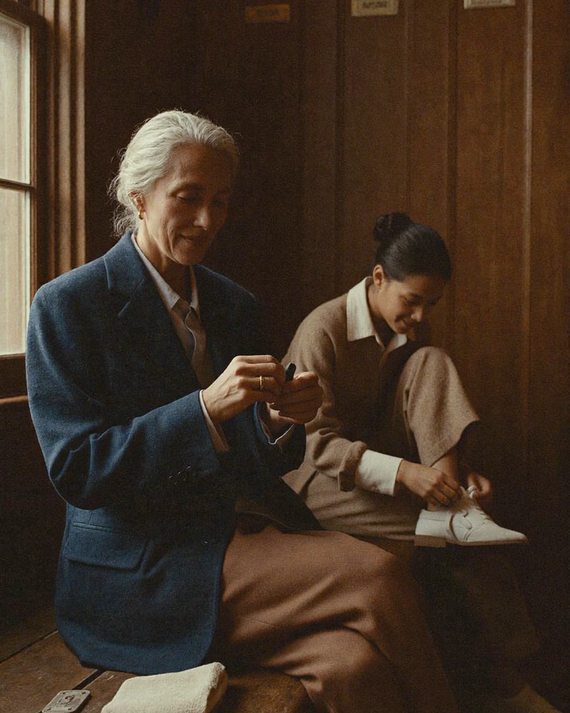 A white-haired person sits by a window while a younger person ties a white shoe behind them.