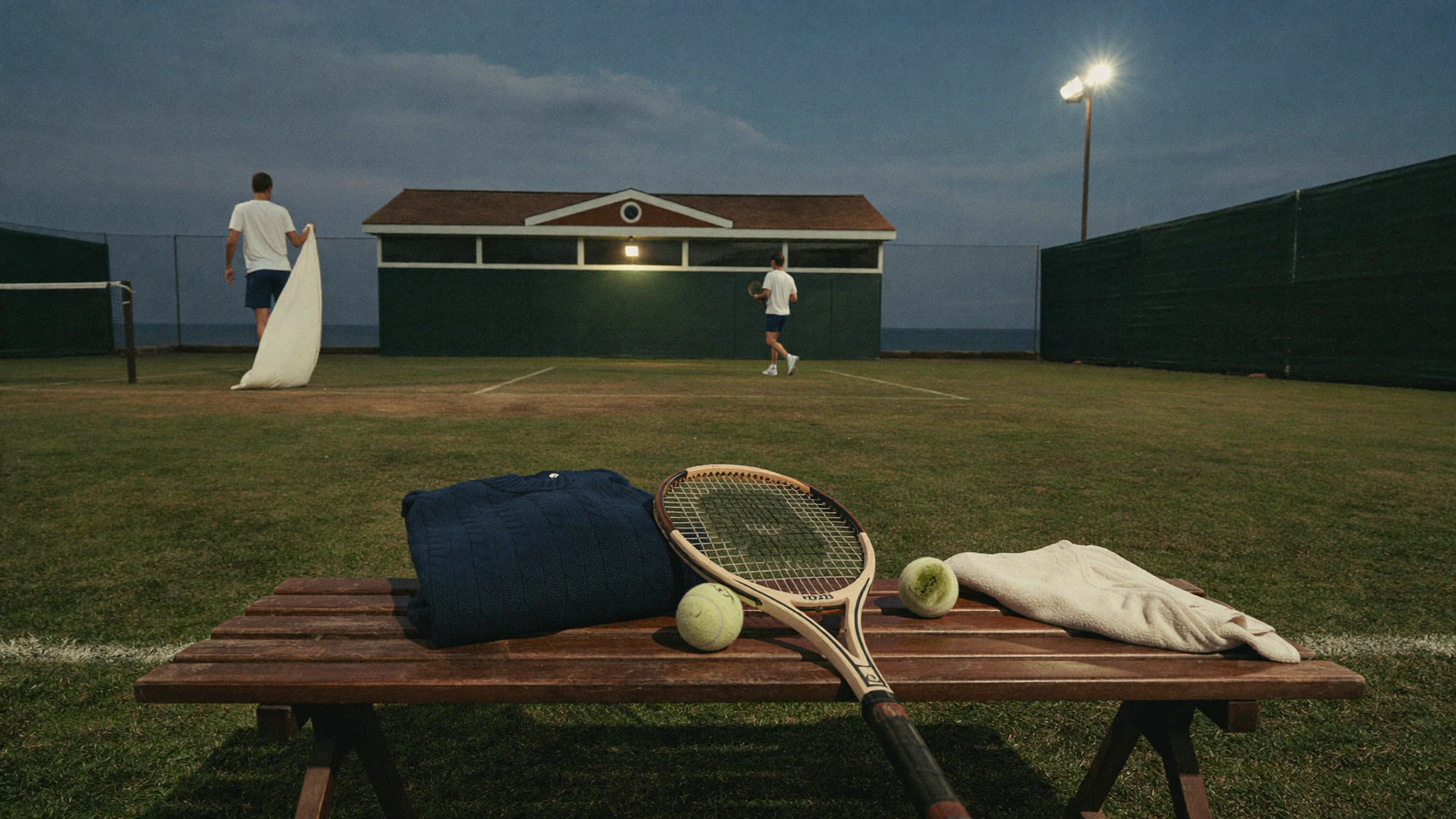 Folded navy fabric, racquets, tennis balls and white clothing lie on a courtside bench, with players and floodlights beyond.