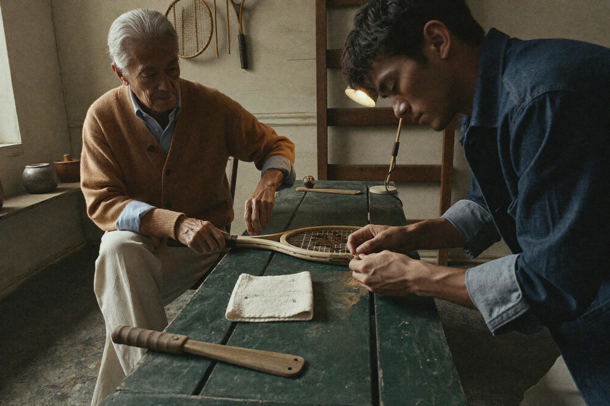 An older man and a younger man work on a wooden tennis racquet at a green-topped bench.