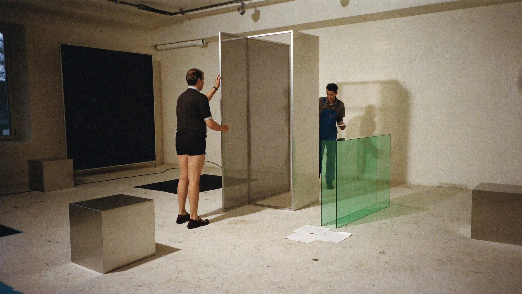 Two people stand among mesh panels, green glass and display objects in a quiet gallery.