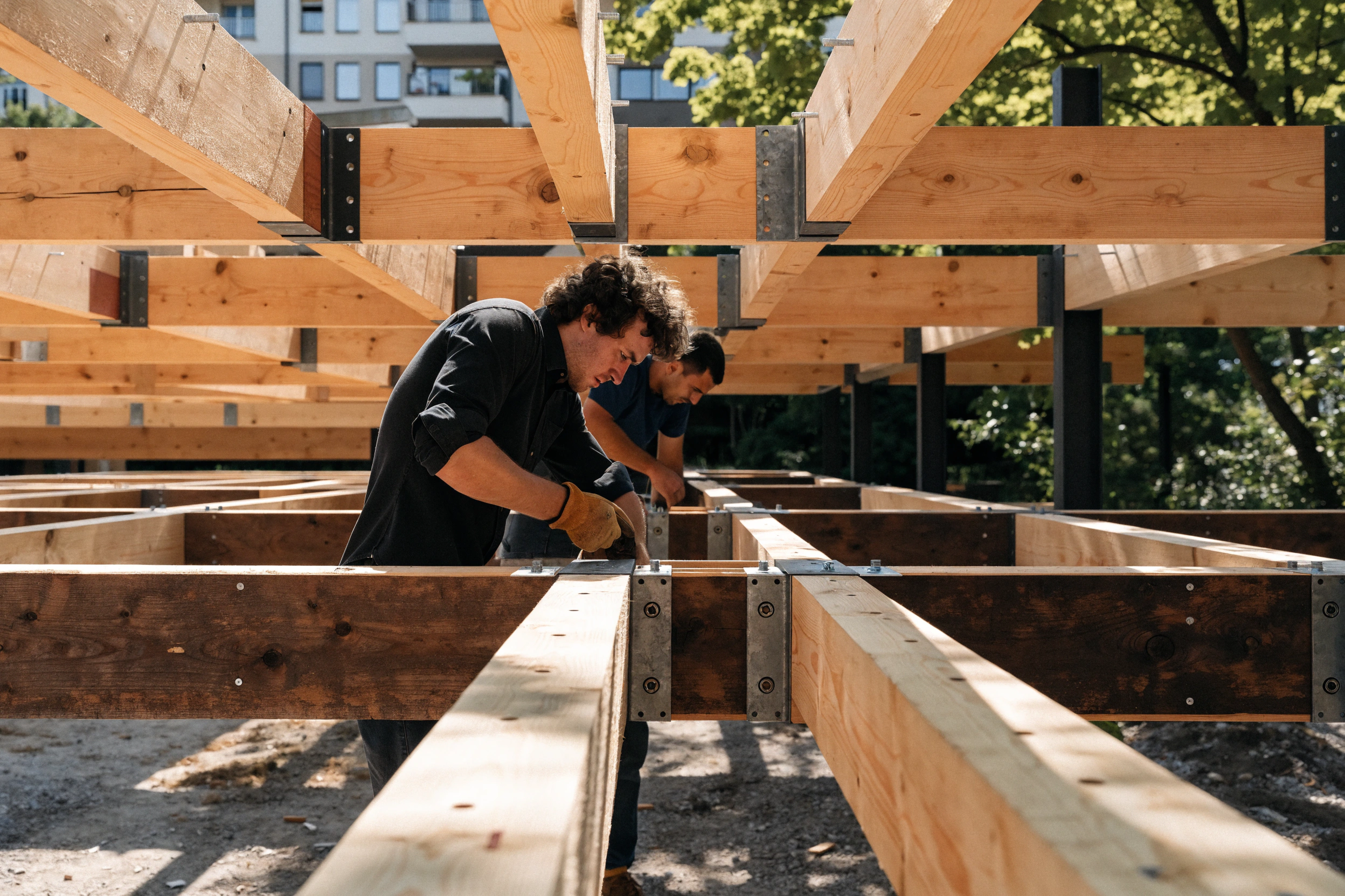 Workers join two modules while the next numbered connection stays exposed.