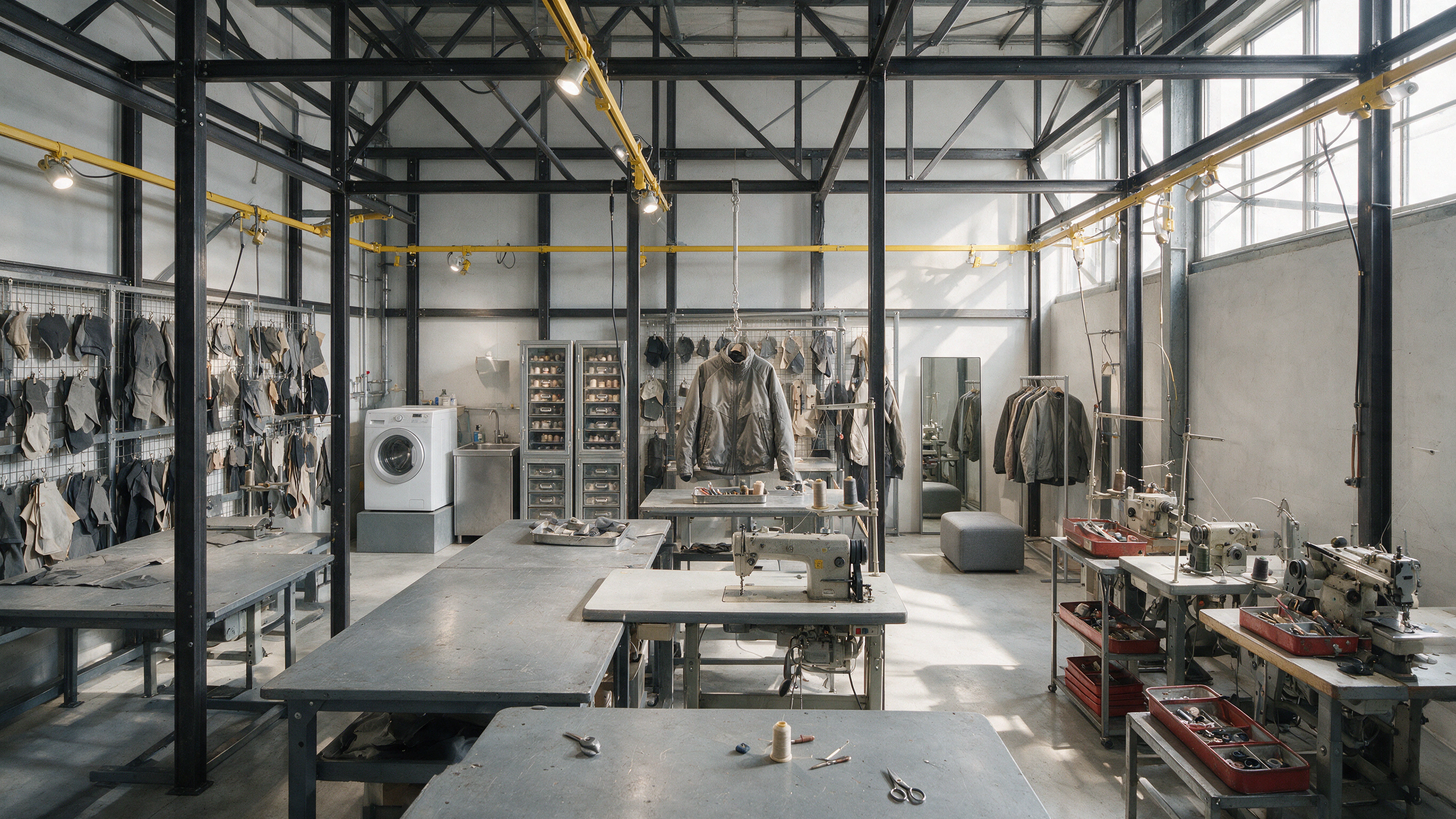 An industrial atelier displays garment panels, fasteners, thread, and tools by code.