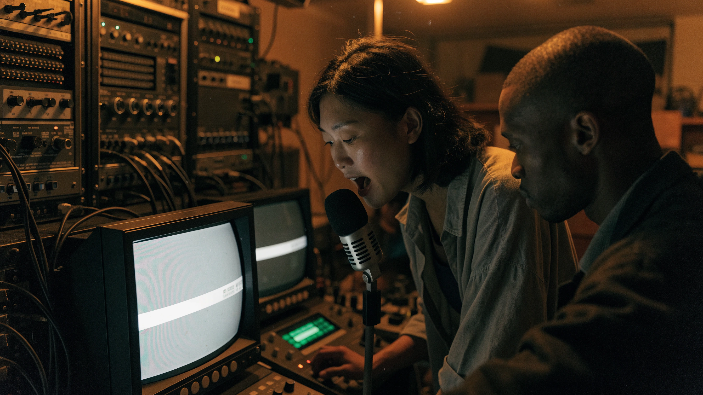 The studio monitors settle to a clear white information plane after transmission.