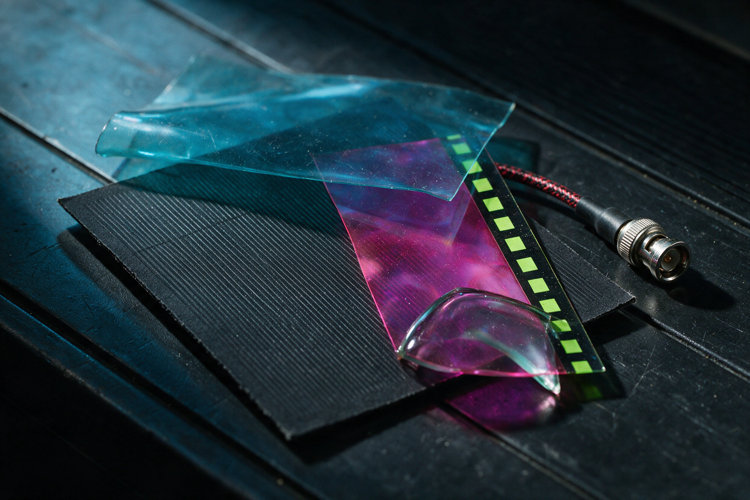 Scan acetate, spectral film, black stock, and a reflective pass form the broadcast kit.