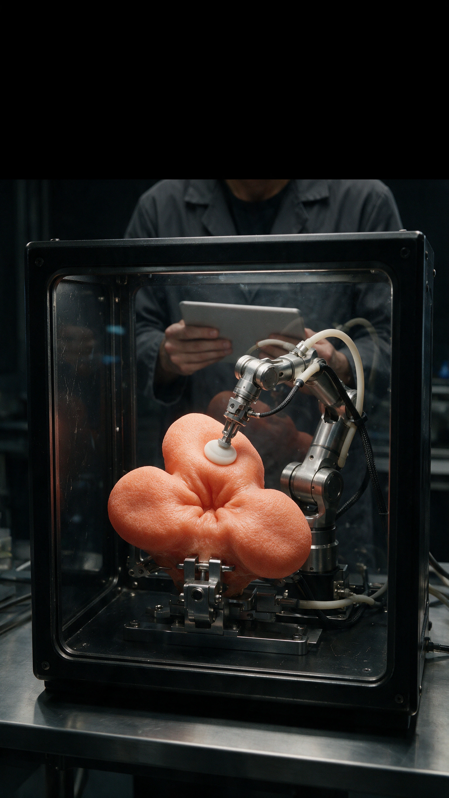 A robotic arm measures the same silicone form on a quiet bench.