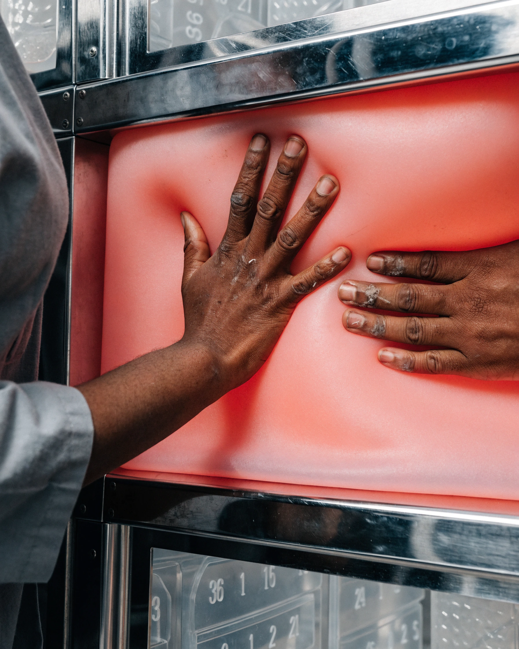 Two hands press a large membrane while its fixed datum remains visible.