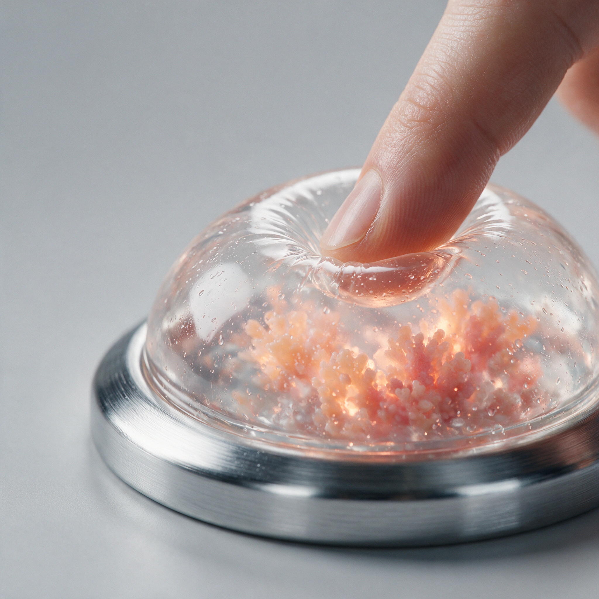 Finger pressing a translucent silicone membrane as the surface stores its deformation.