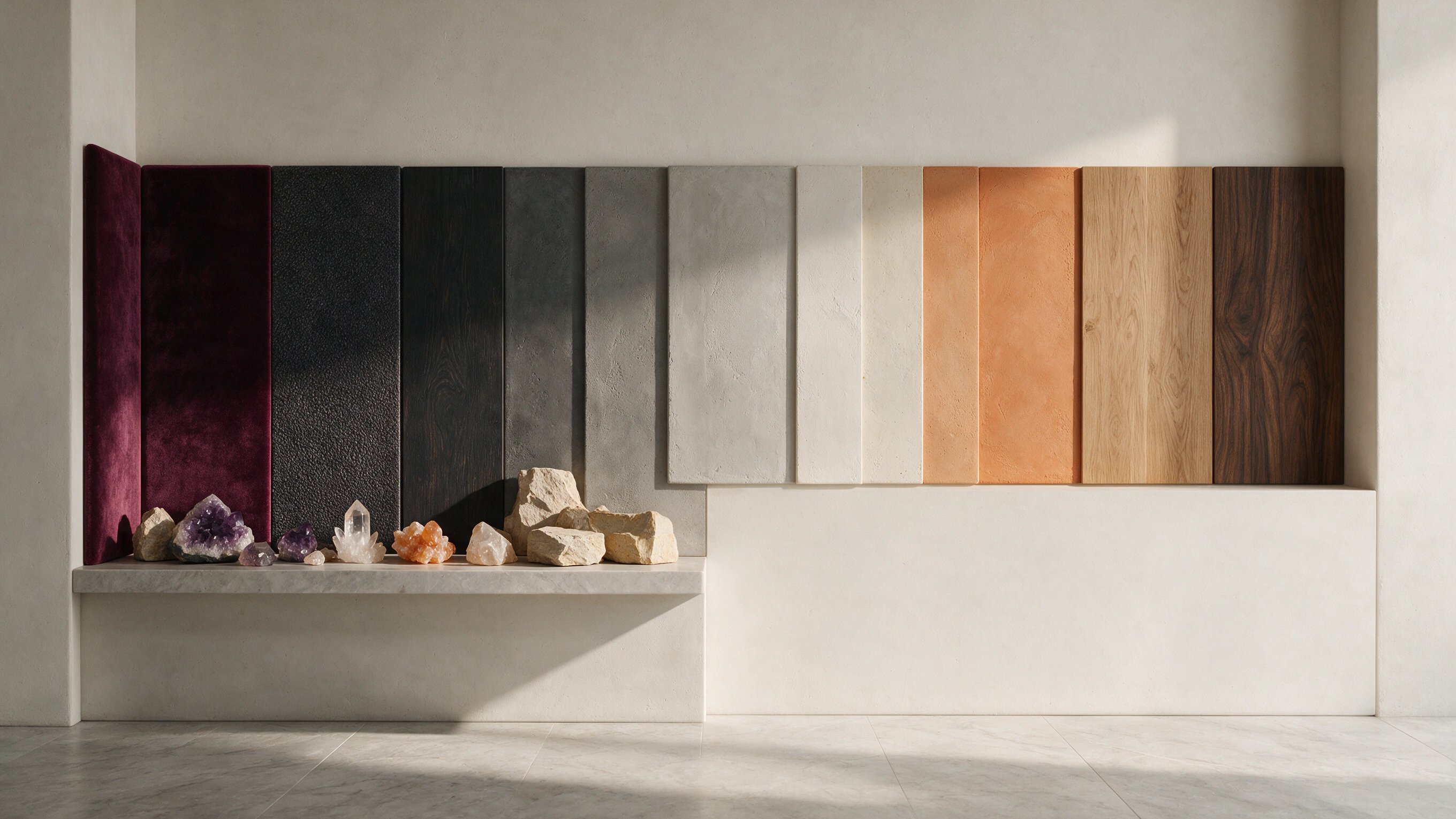 Samples are indexed by surface, pressure, and light response across a working wall.