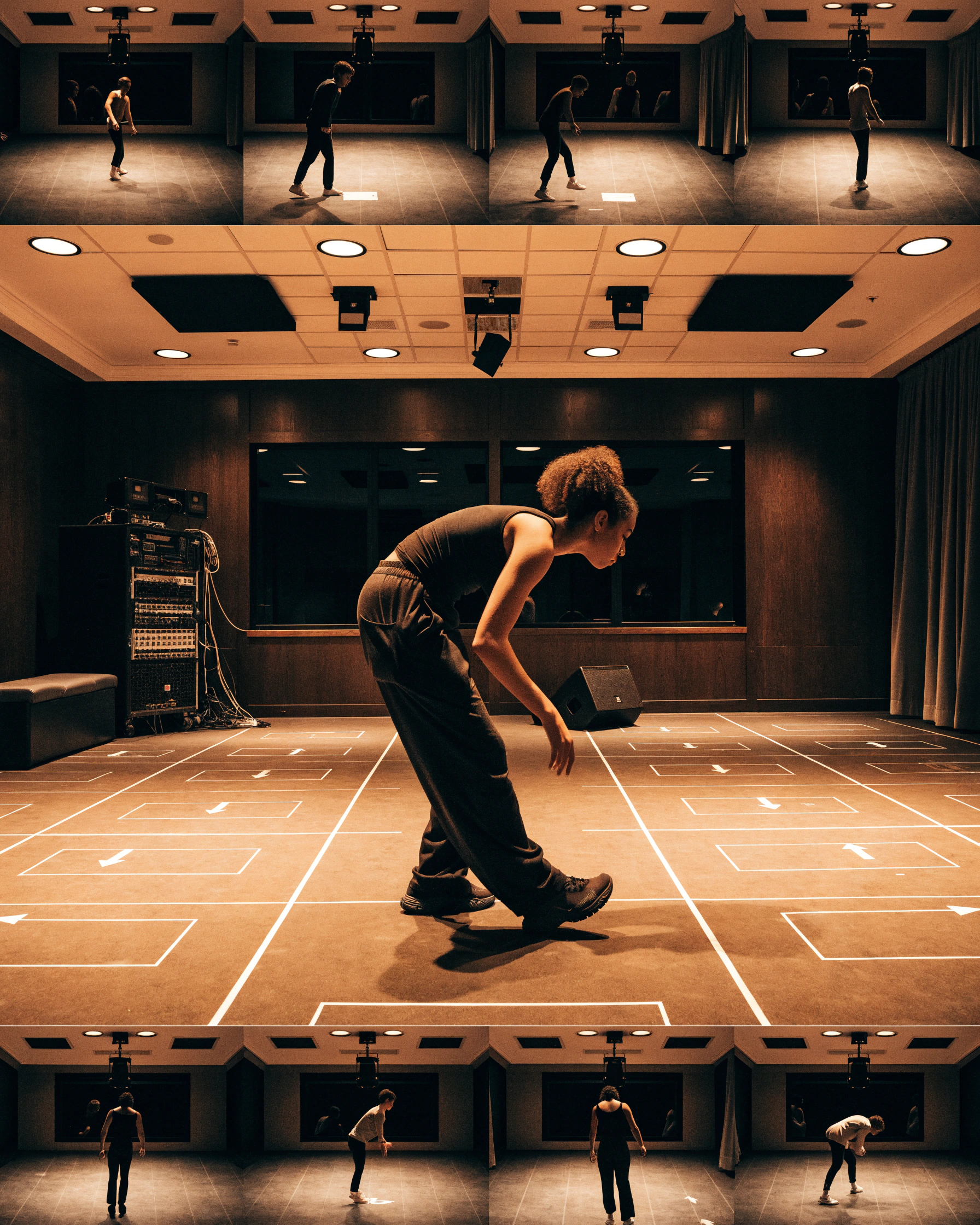 Performers mark positions across an unlit rehearsal-room floor.