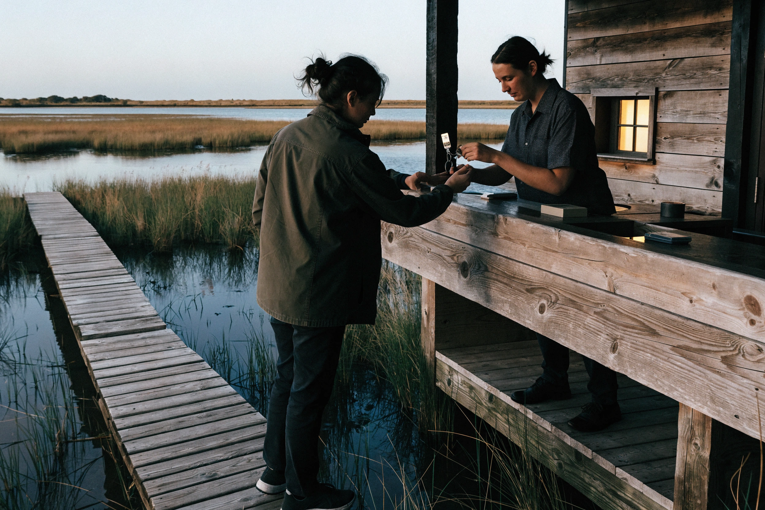 A guest receives a room key and current habitat guide at the same counter.